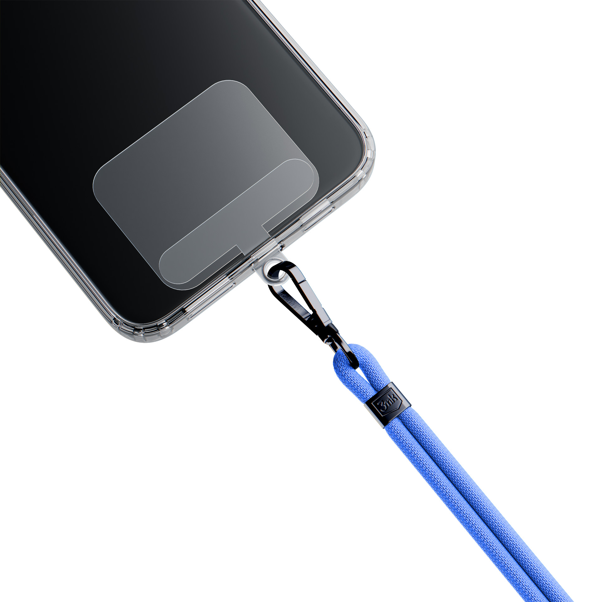 Un laccetto blu è attaccato a una custodia trasparente per telefono.