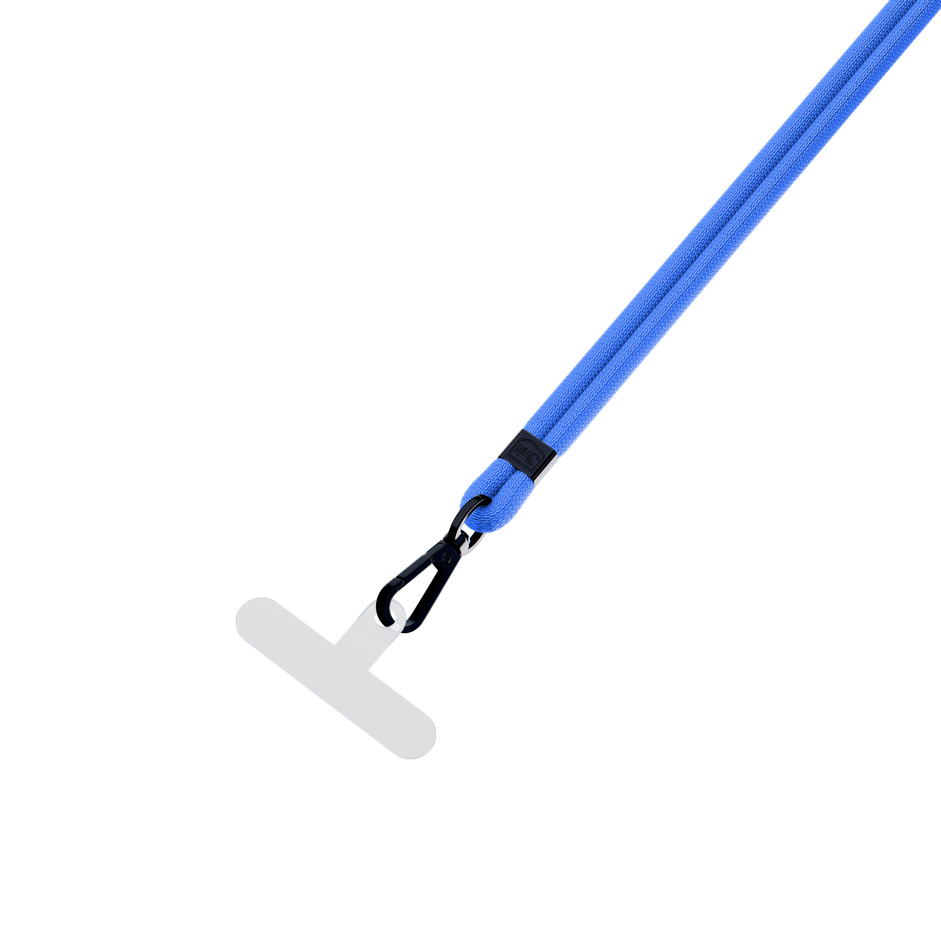 Un cordino blu con chiusura nera e attacco a forma di T.