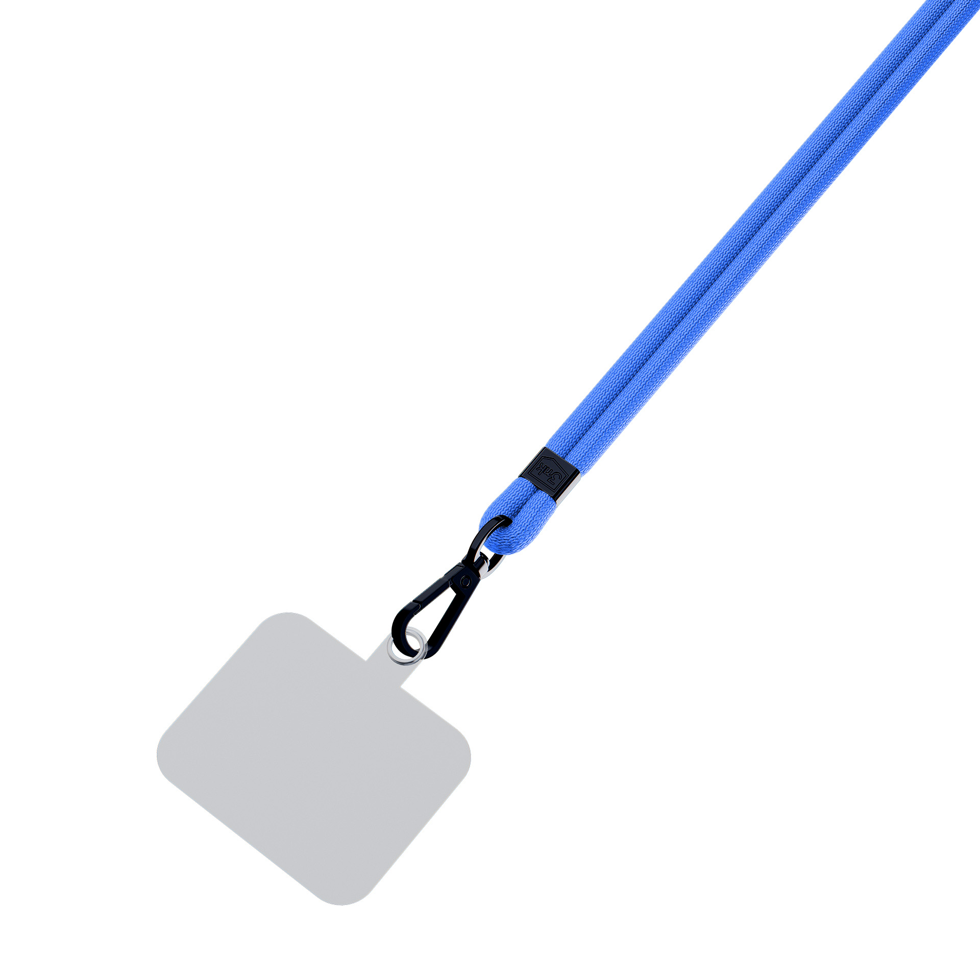 Un cordino blu con un anello d'argento e una clip nera.