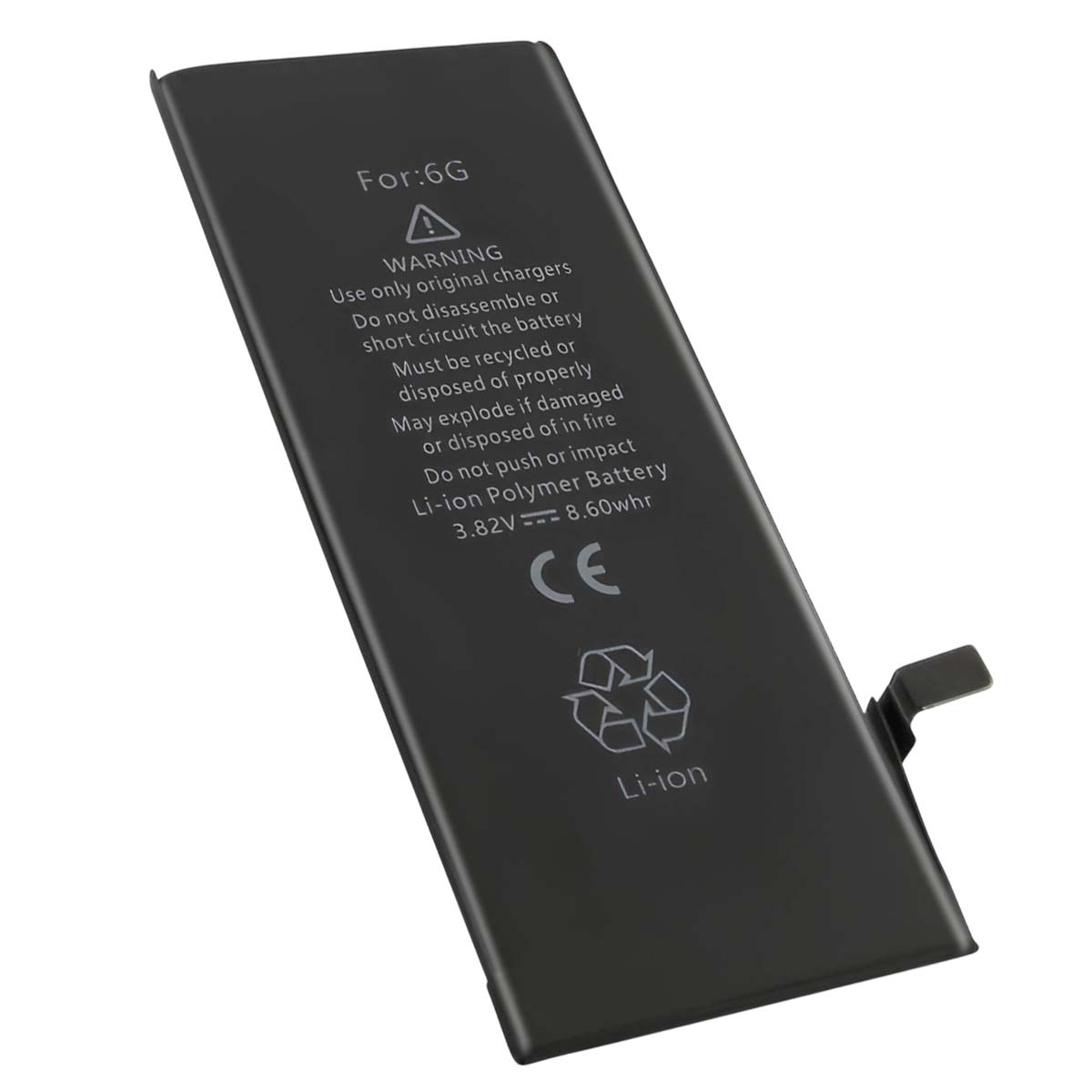 Una batería de polímero de iones de litio para iPhone 6G negra con etiquetas de advertencia y marca CE.