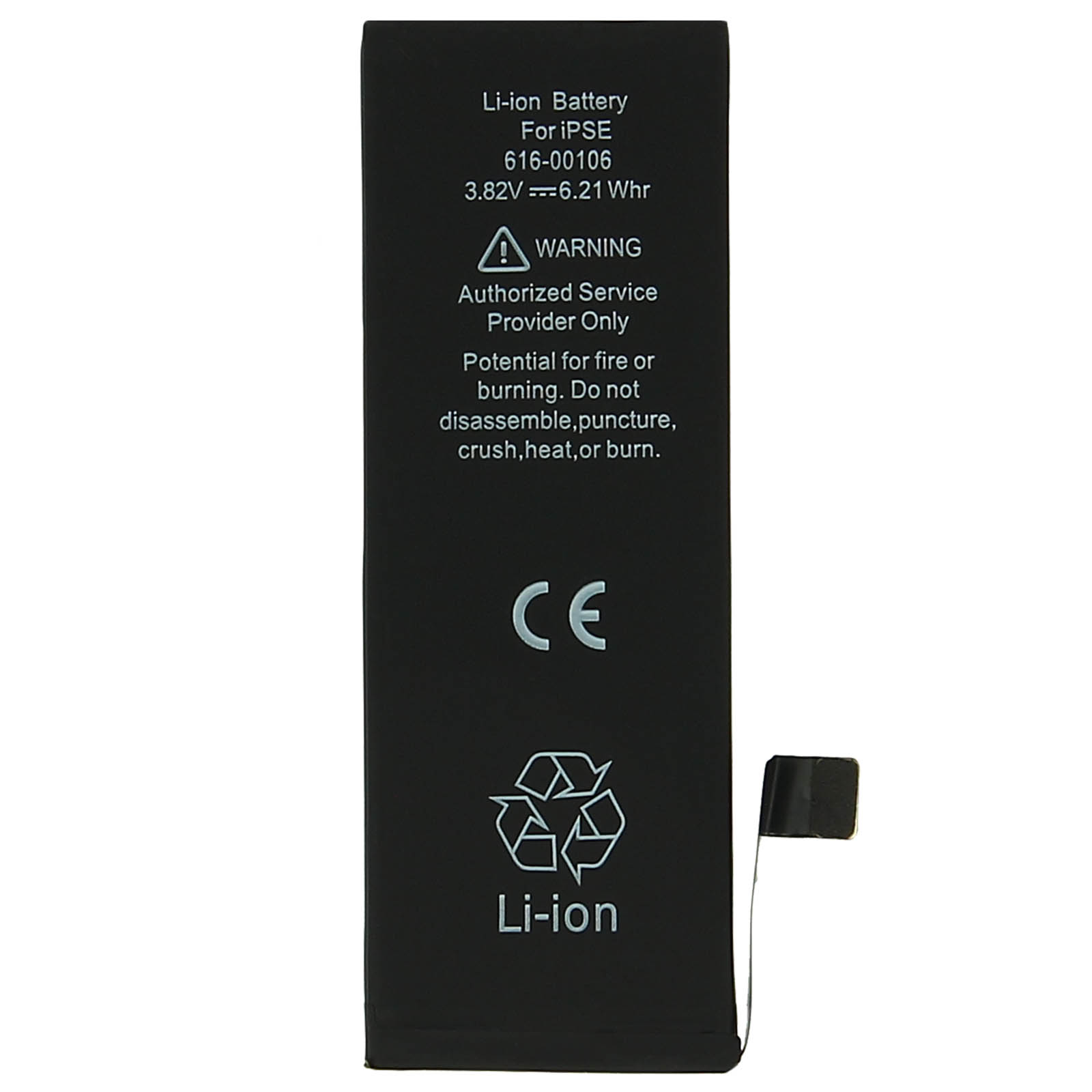 Batteria nera Li-ion con avvertenze e marchio CE.