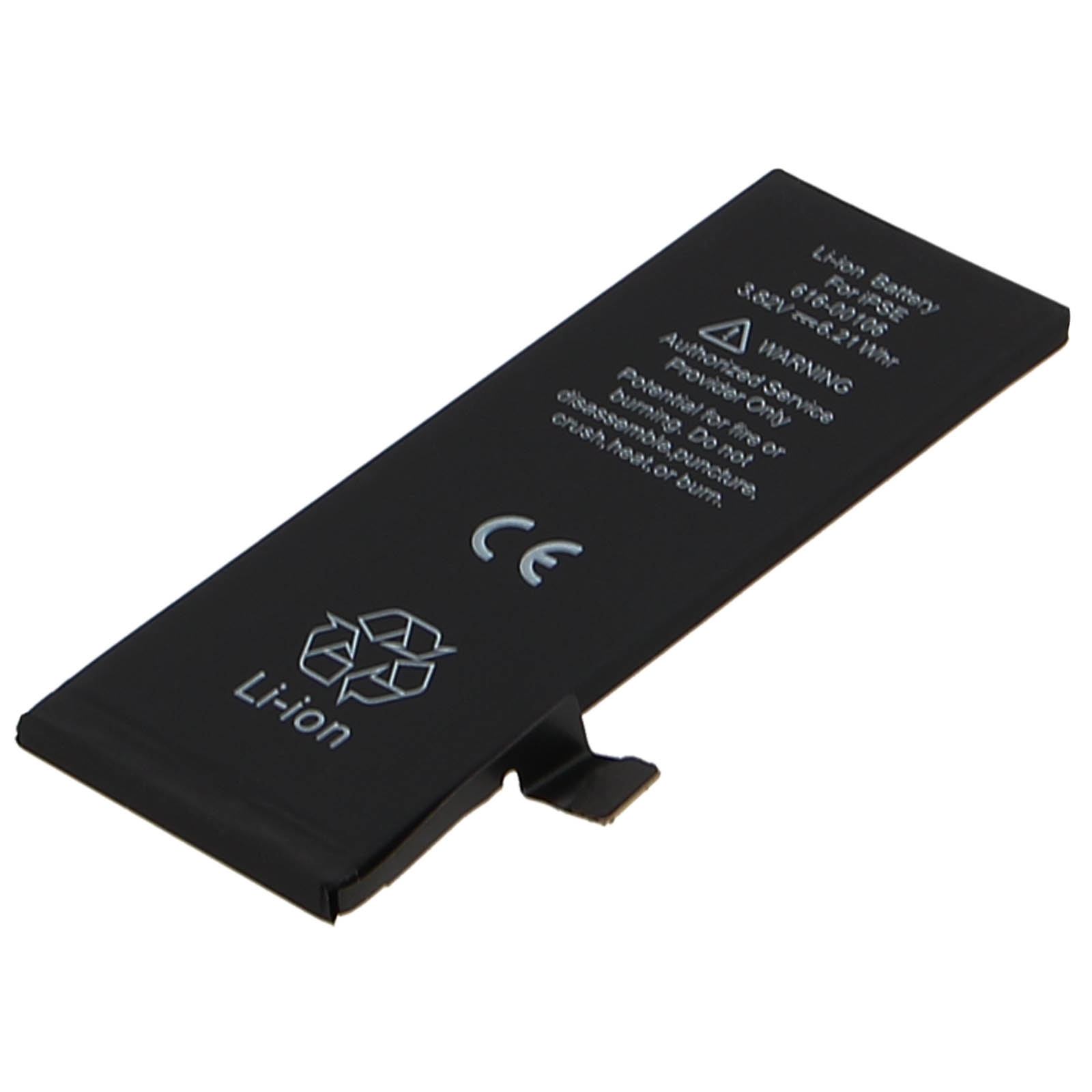 Batteria nera Li-ion con simboli di avvertimento e marchio CE.