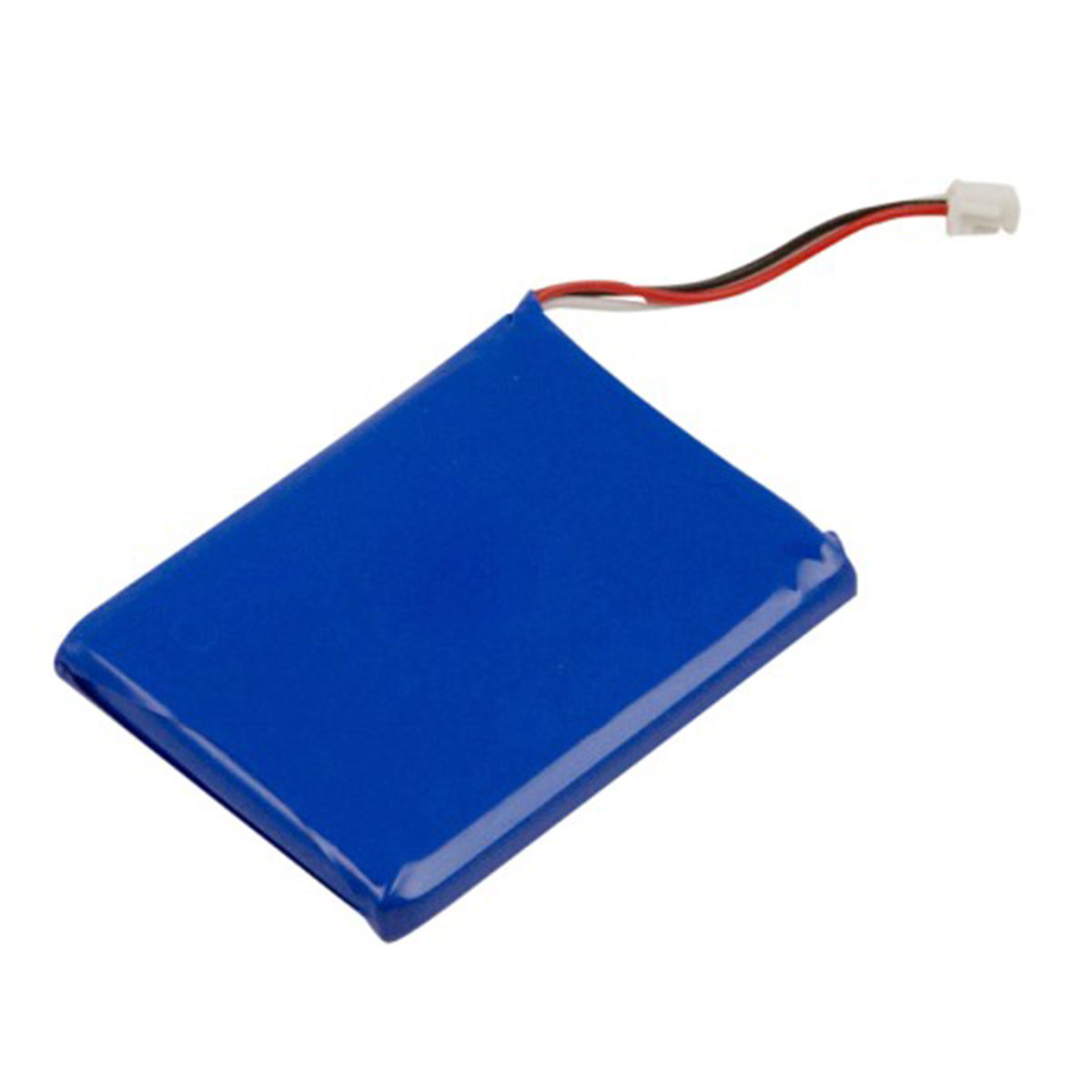 Eine blaue rechteckige Batterie mit weißem Stecker und roten und schwarzen Kabeln.