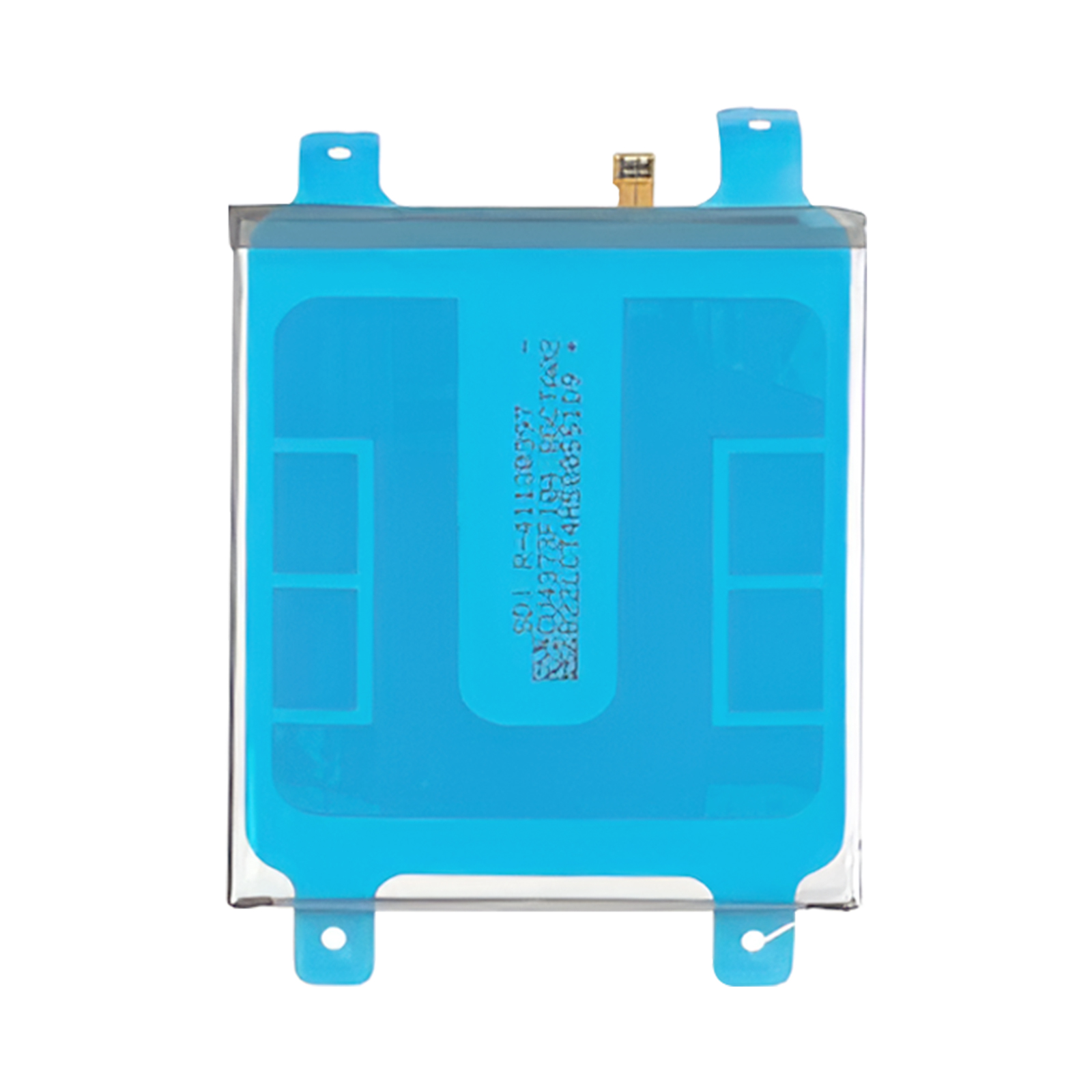 Una batería rectangular con pegatina azul y conector.