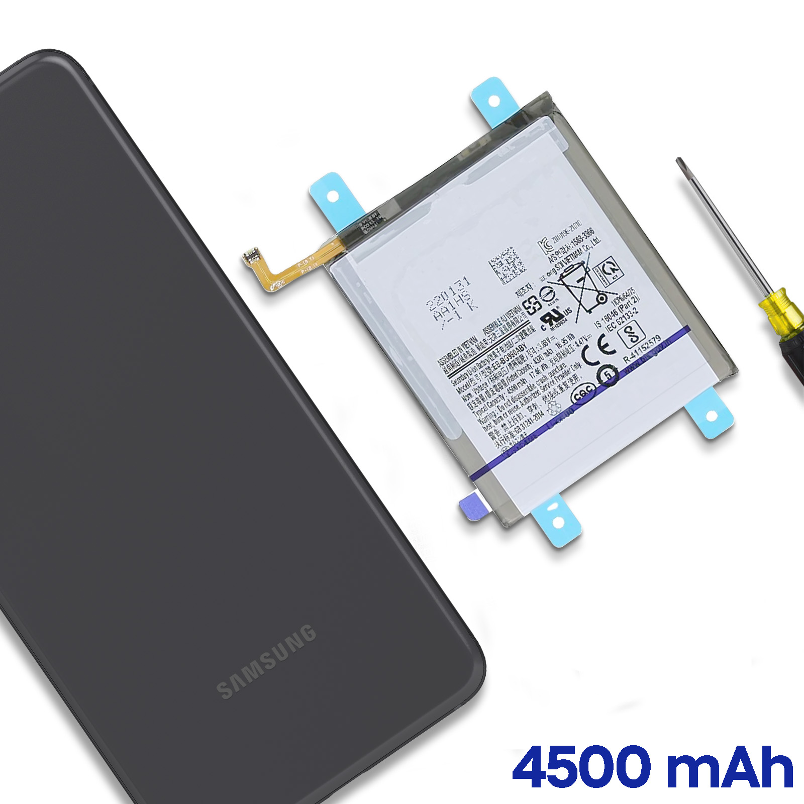 Pantalla de smartphone Samsung negra junto a una batería de 4500 mAh.