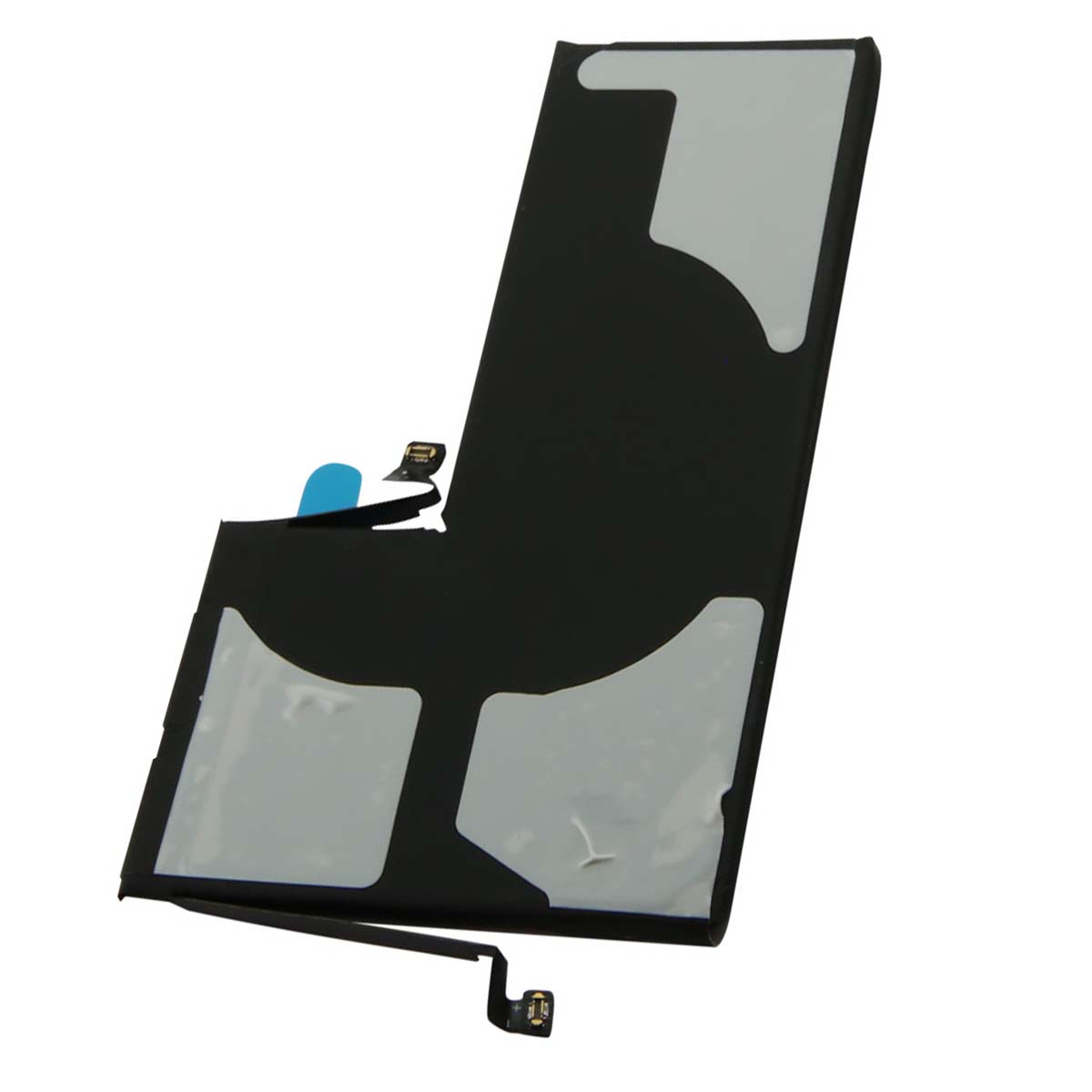 Batteria nera con cuscinetti adesivi grigi e linguetta blu, sfondo bianco.