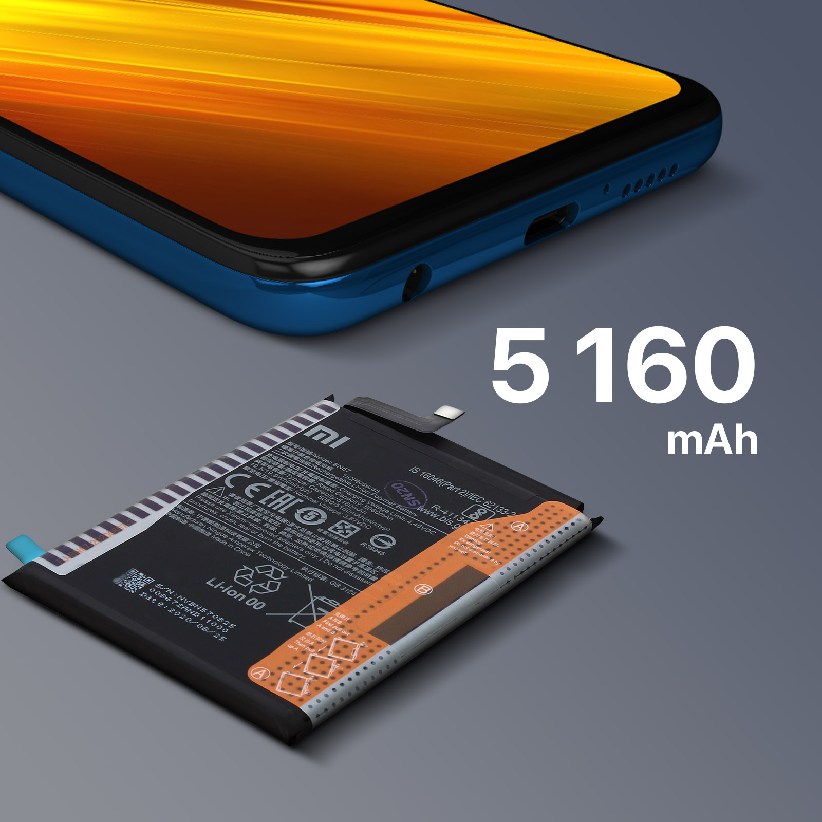Uno smartphone blu giace accanto a una batteria da 5160 mAh.