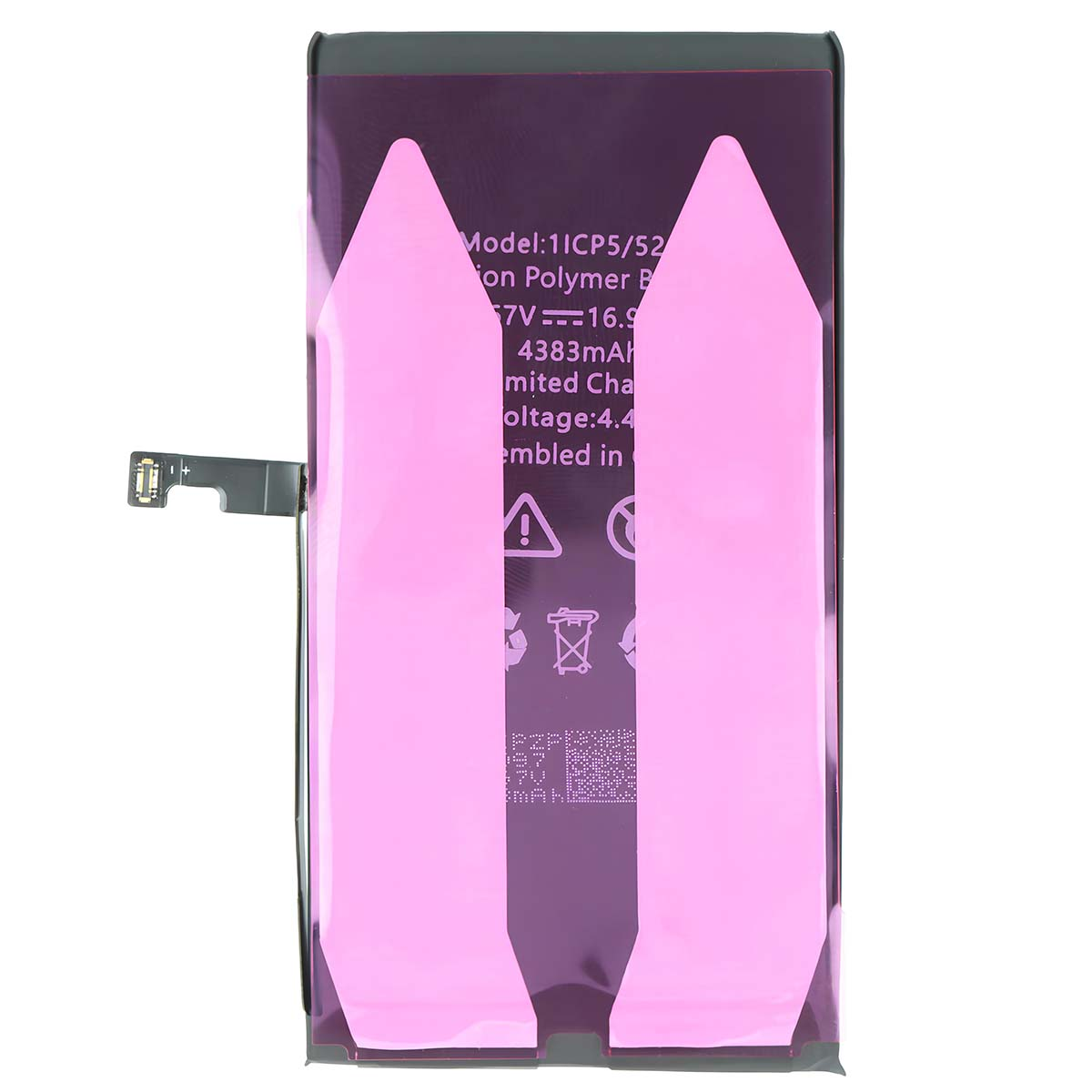 Ein Akku mit rosa Klebestreifen und einem Anschlusskabel.