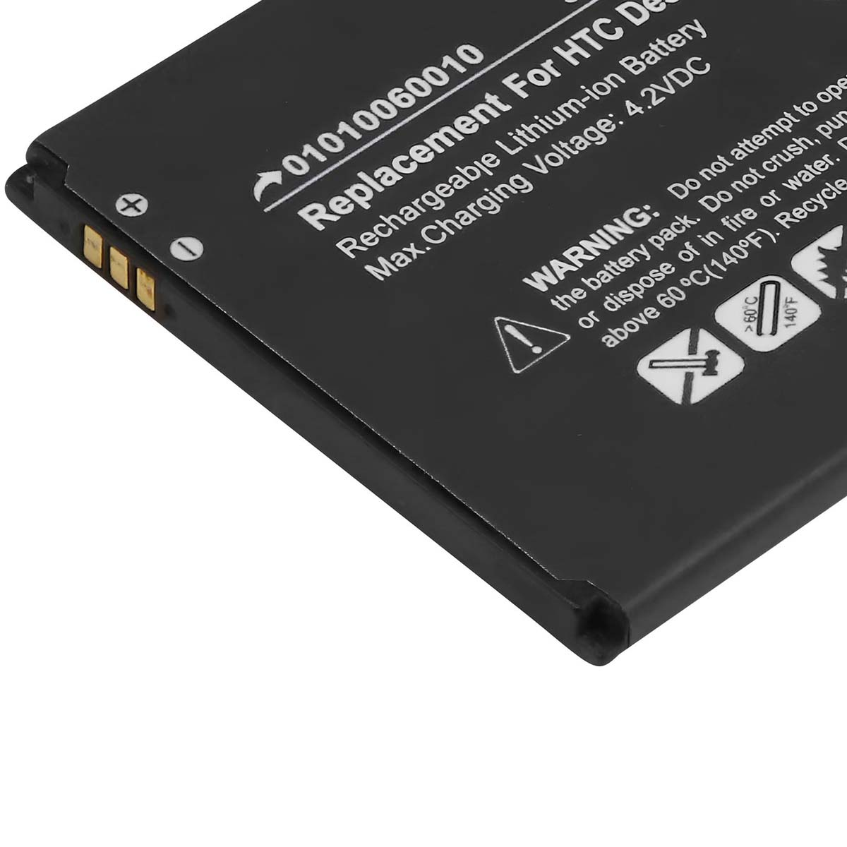 Batteria nera con testo bianco. Include simboli di avvertenza.