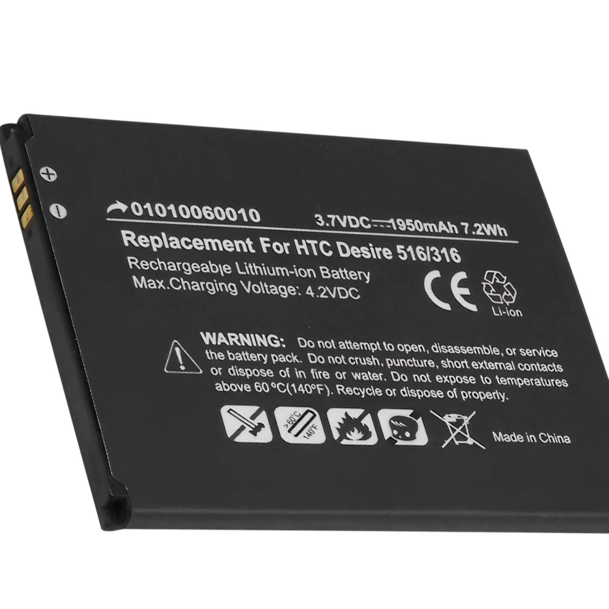Batteria nera per HTC Desire 516/316, 3.7V, 1950mAh. Con simboli di avvertimento.