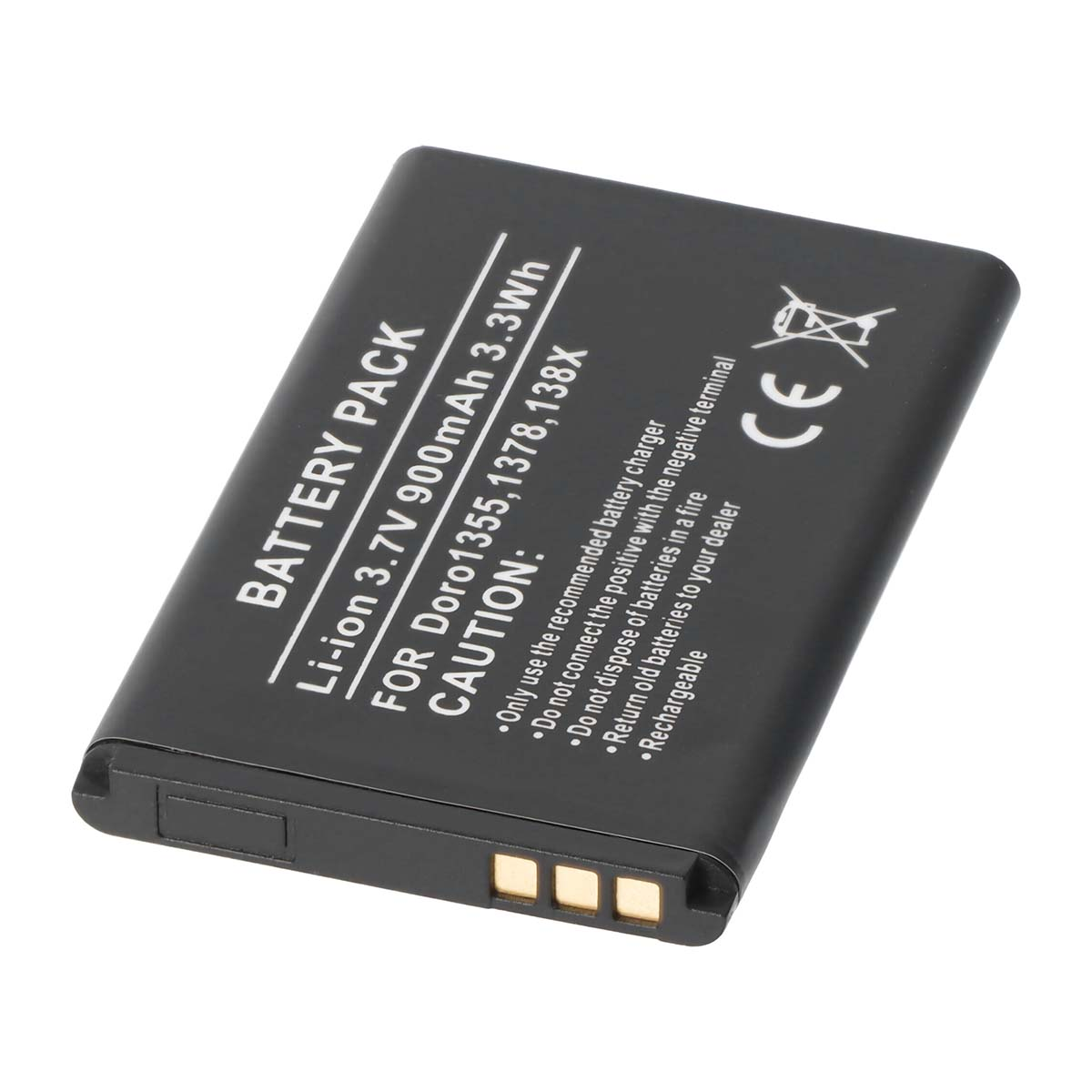 Batería negra con texto: Li-ion 3,7V 900mAh, para Doro 1355, 1378, 138X.