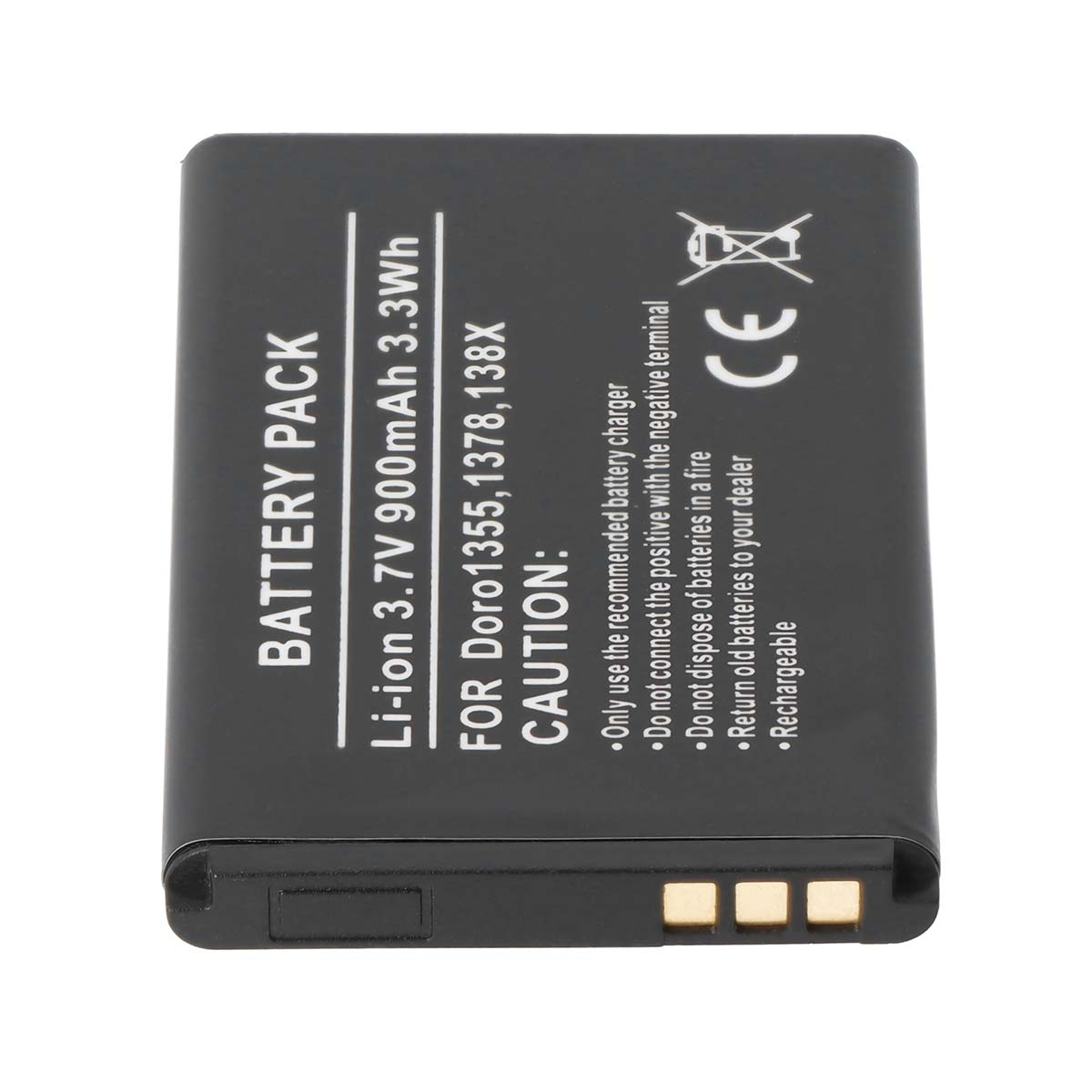 Batería negra con texto: Li-ion 3.7V 900mAh, Doro 1355, 1378, 138X.