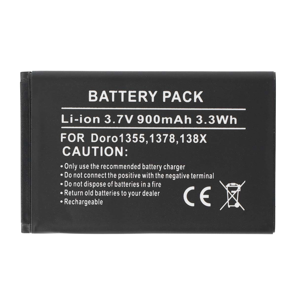 Batería negra con texto: Li-ion 3,7V 900mAh, para Doro 1355-138X.