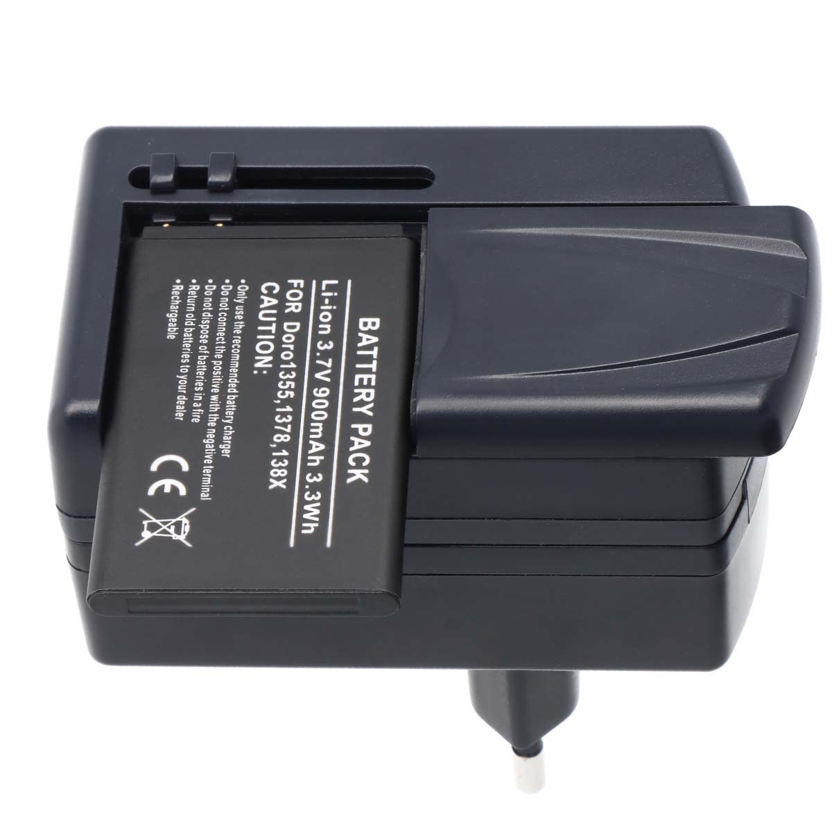 Un cargador de batería negro con una batería de iones de litio para teléfonos Doro.