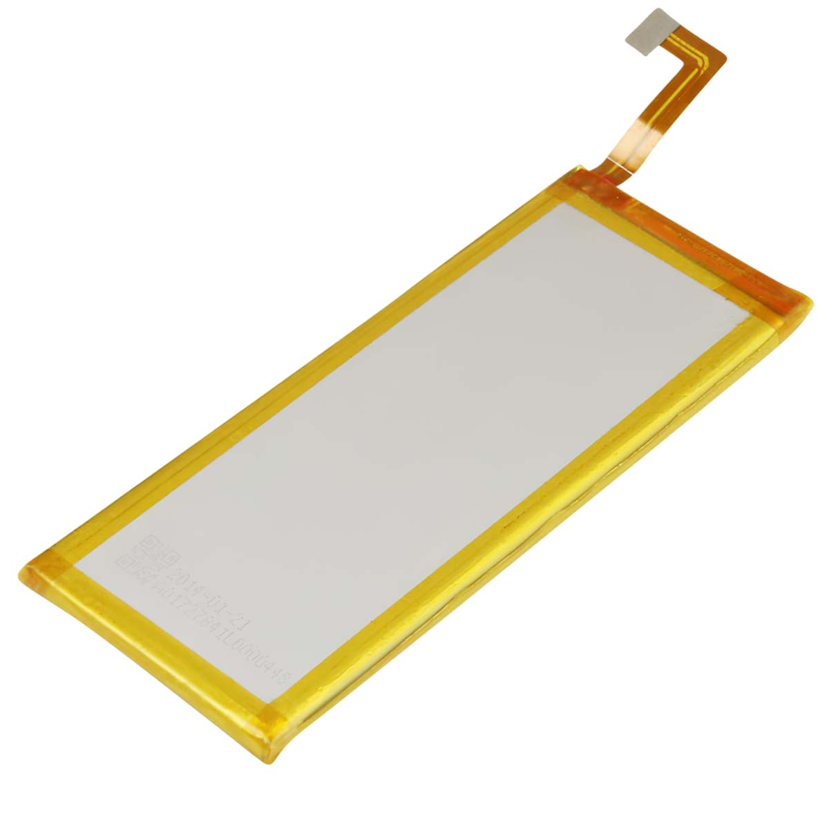 Batteria al litio piatta con bordo giallo e cavo di collegamento.