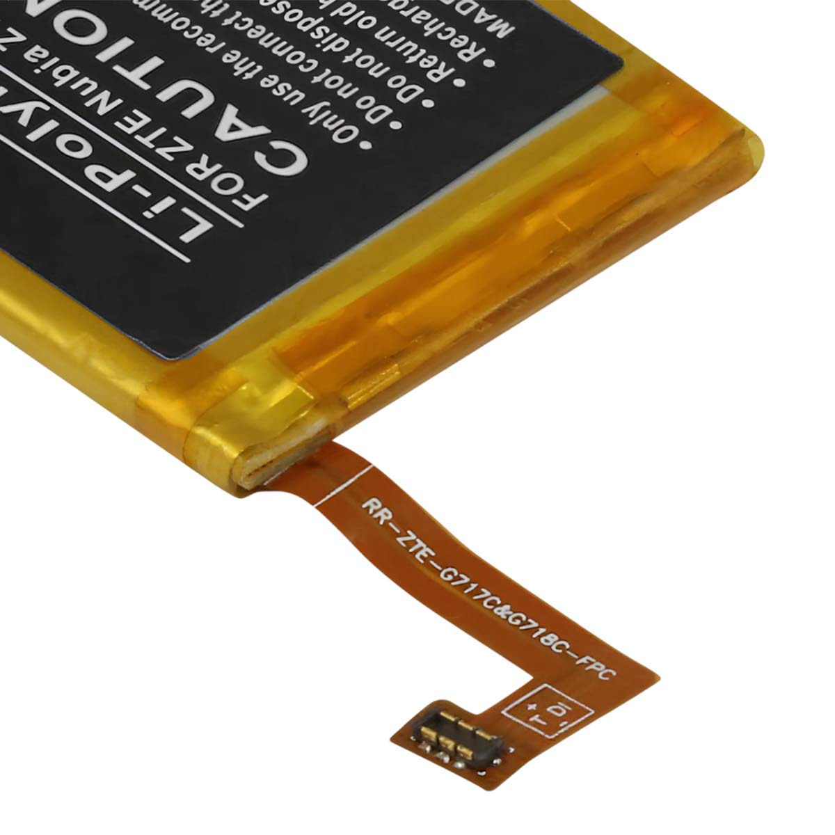 Primo piano di una batteria Li-Poly per ZTE Nubia Z, con testo di avvertenza e cavo flessibile.