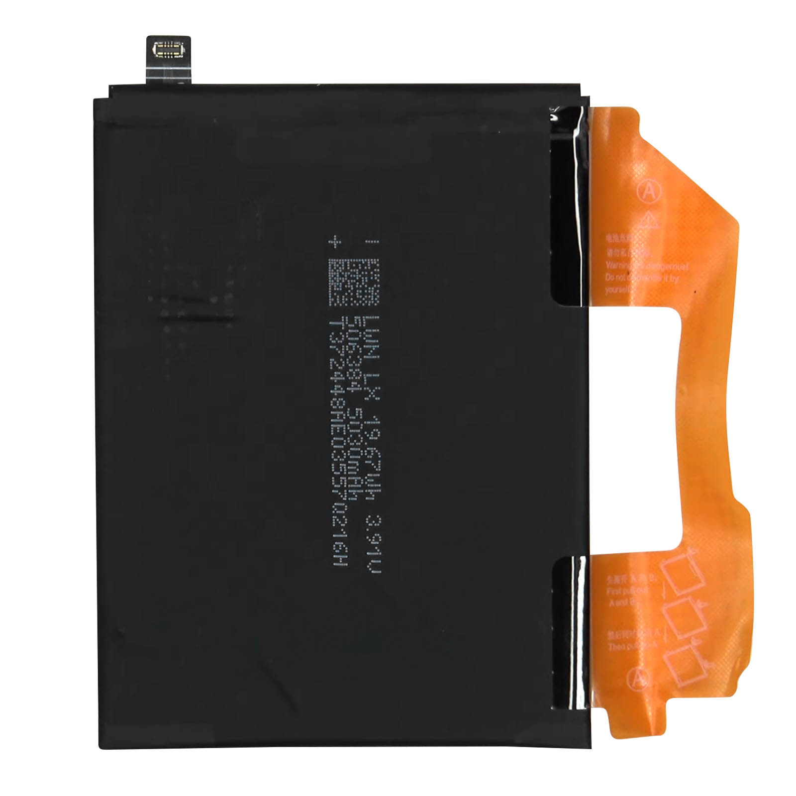 Batería negra con etiqueta naranja e instrucciones de advertencia.