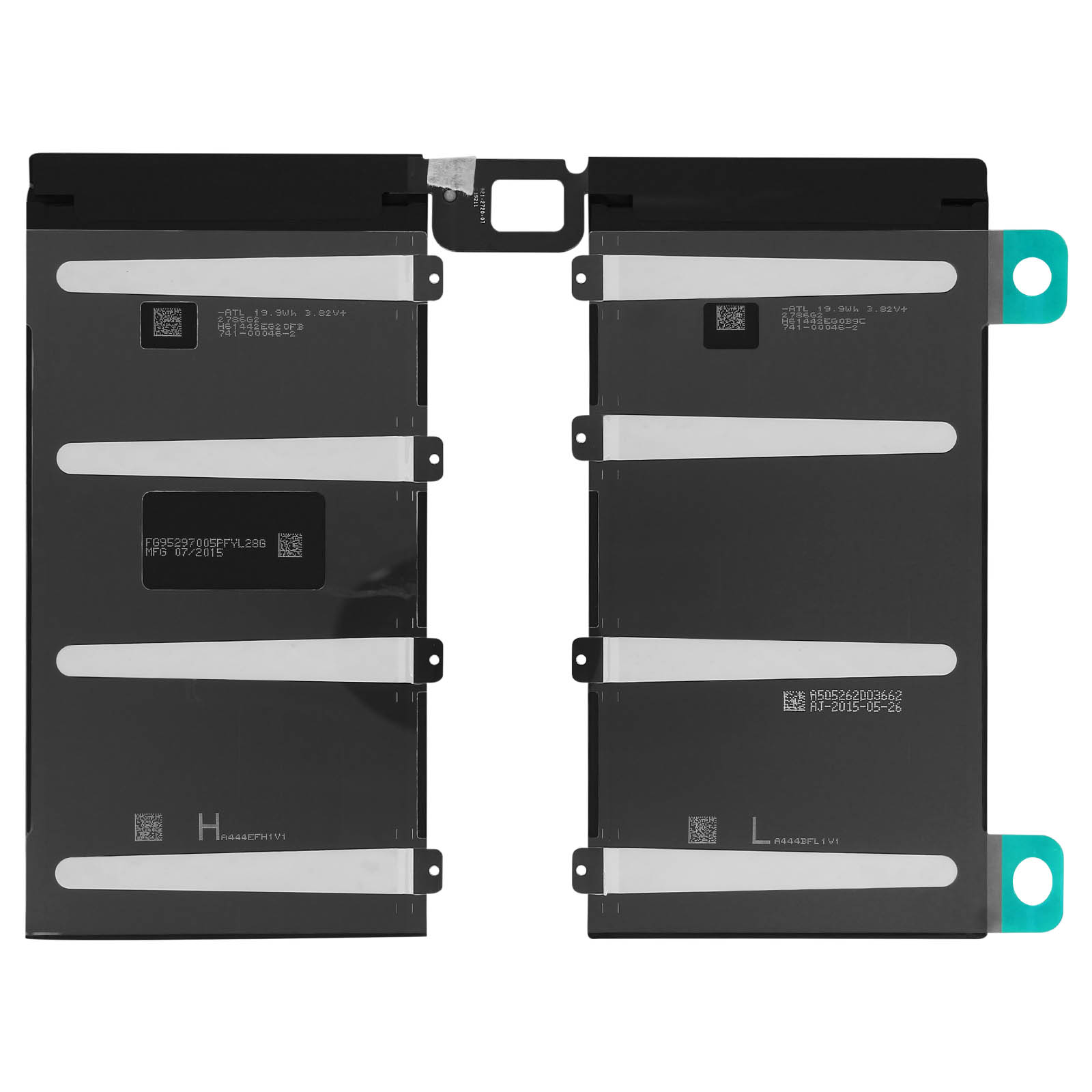 Due batterie nere con strisce adesive bianche, etichettate con dettagli.