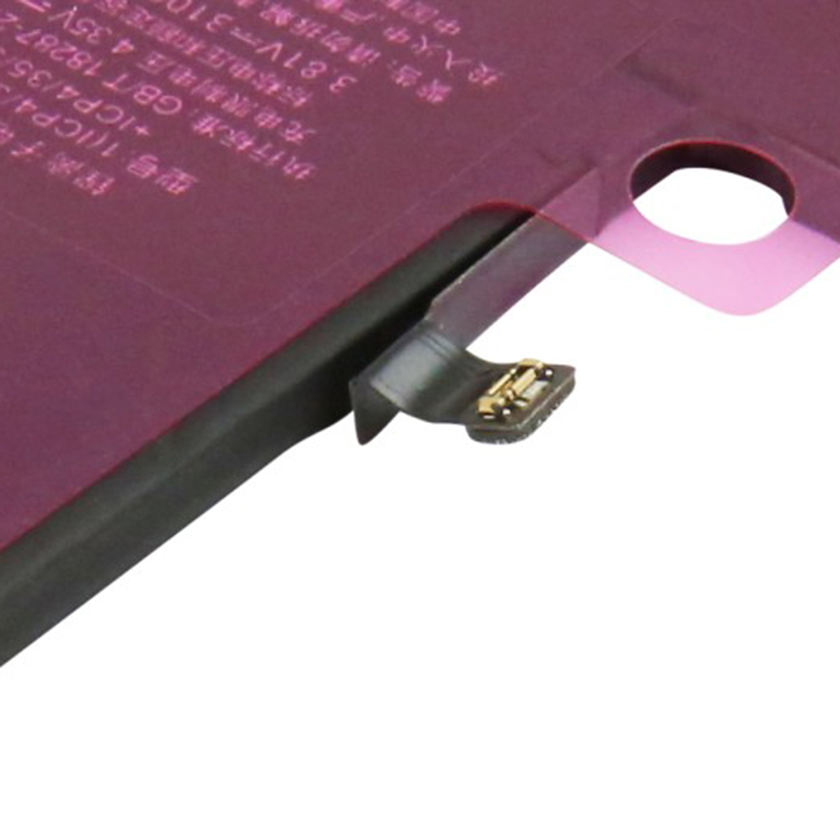 Una batteria agli ioni di litio con cavo di collegamento ed etichetta.