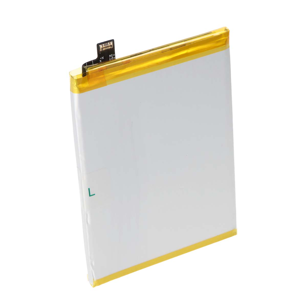 Una batería blanca con borde amarillo y un cable plano con conectores.