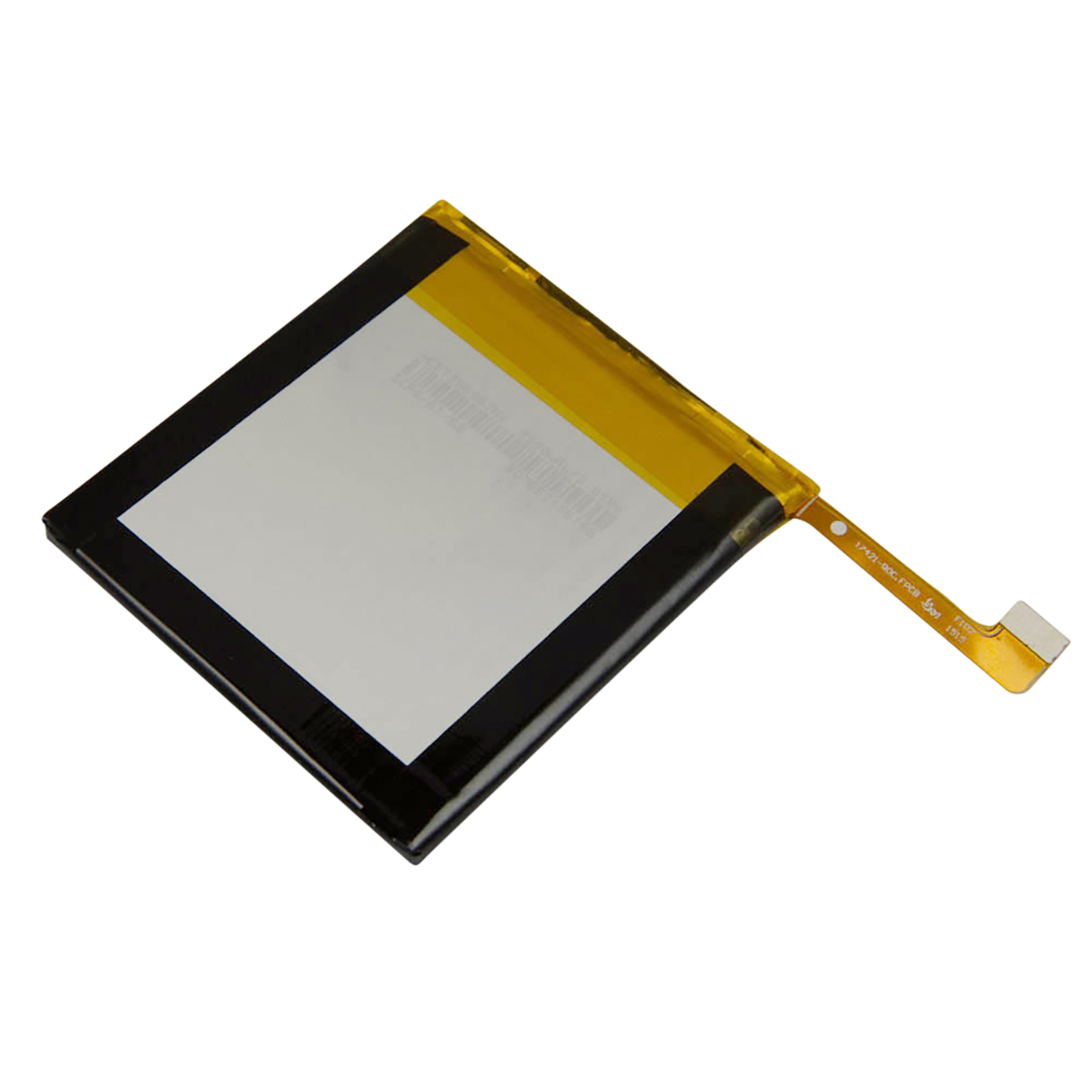 Una batería rectangular con borde negro, centro blanco y tira amarilla.