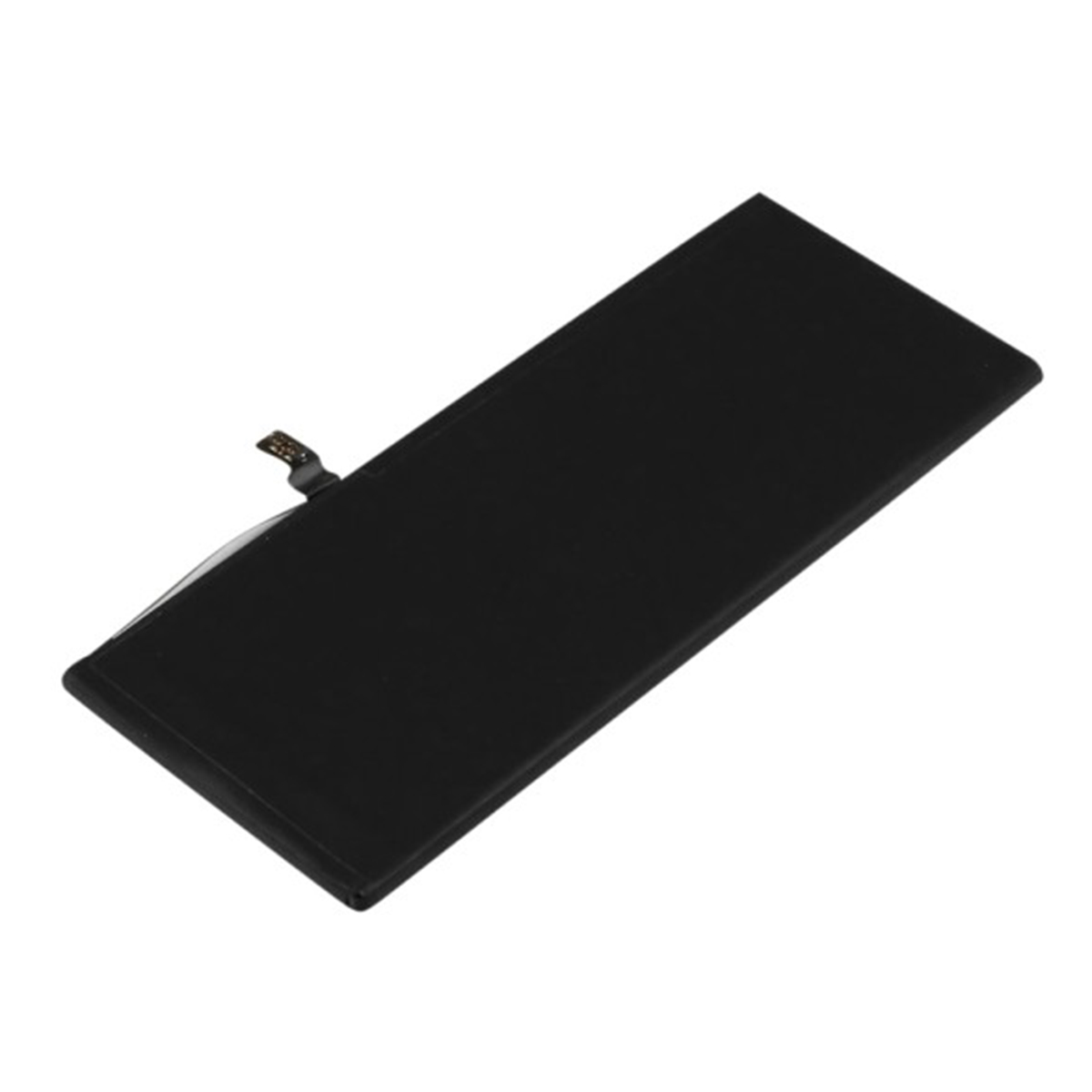 Una batteria rettangolare nera con un sottile cavo di collegamento sul lato sinistro.