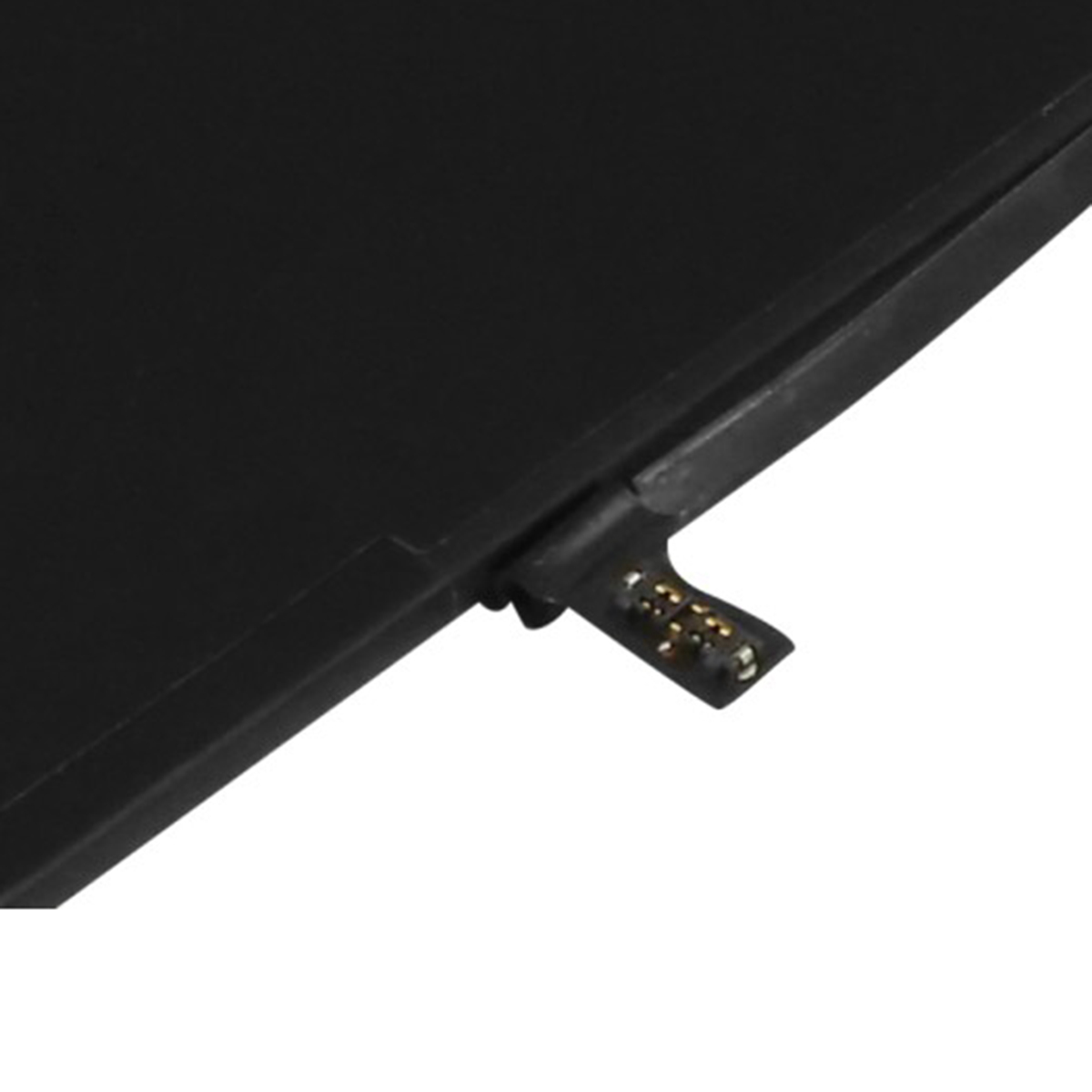 Una batteria nera con un cavo di collegamento e contatti dorati.