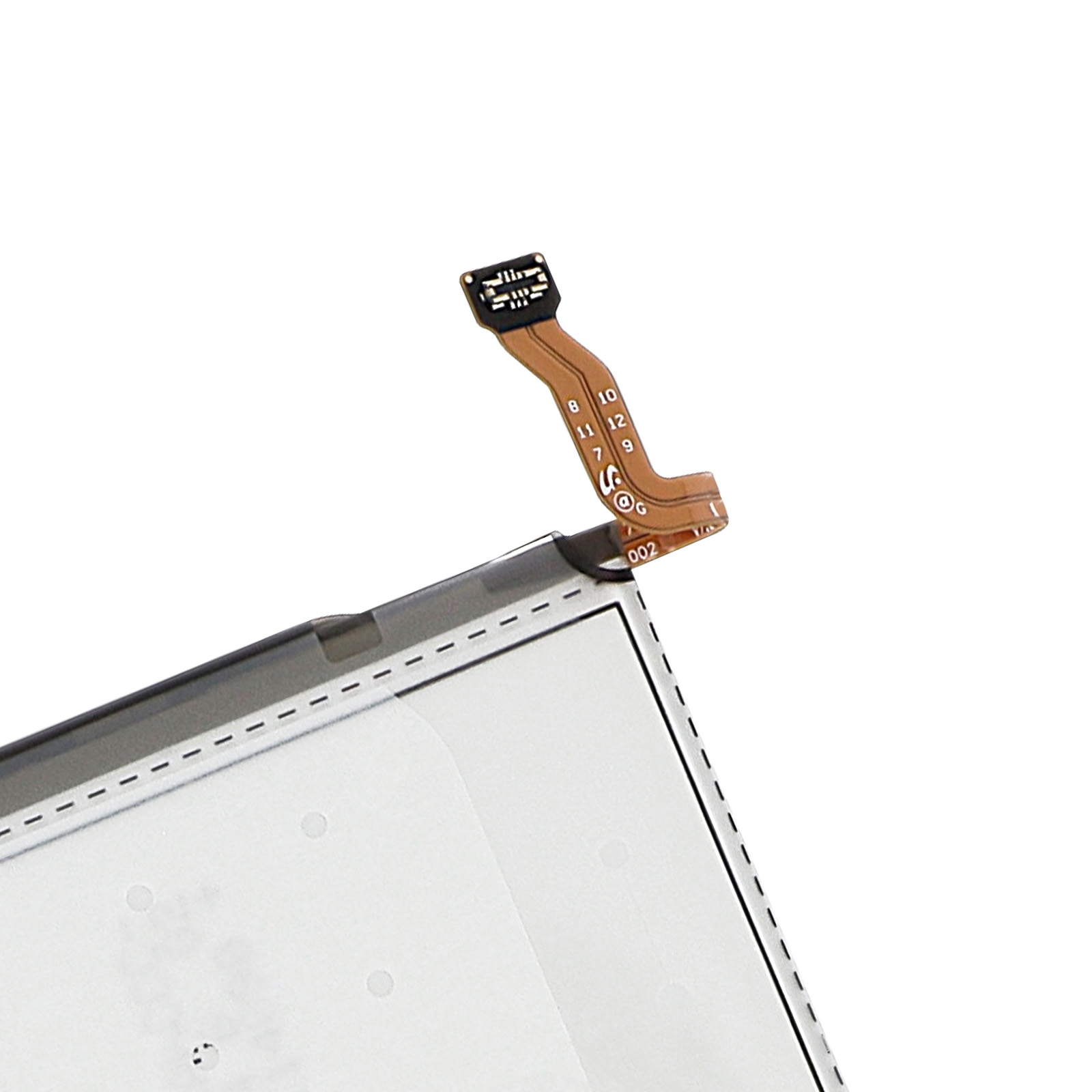 Un connecteur de câble plat brun flexible avec des chiffres et des symboles sur fond blanc.