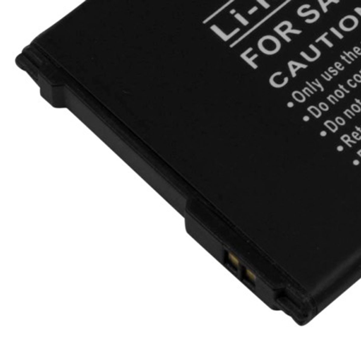 Batteria agli ioni di litio nera con testo di avvertenza. Vista ravvicinata.