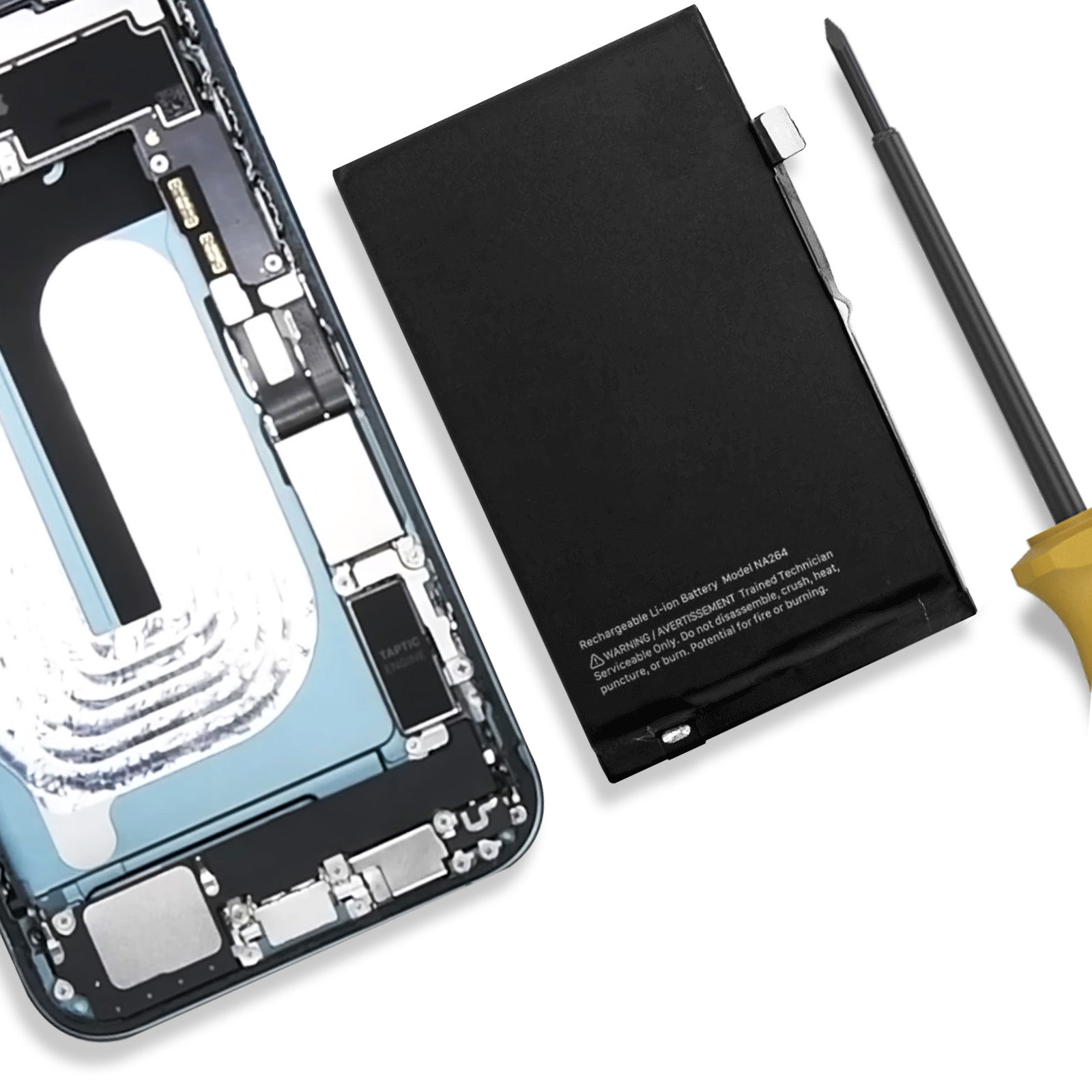 Uno smartphone smontato con batteria e cacciavite.