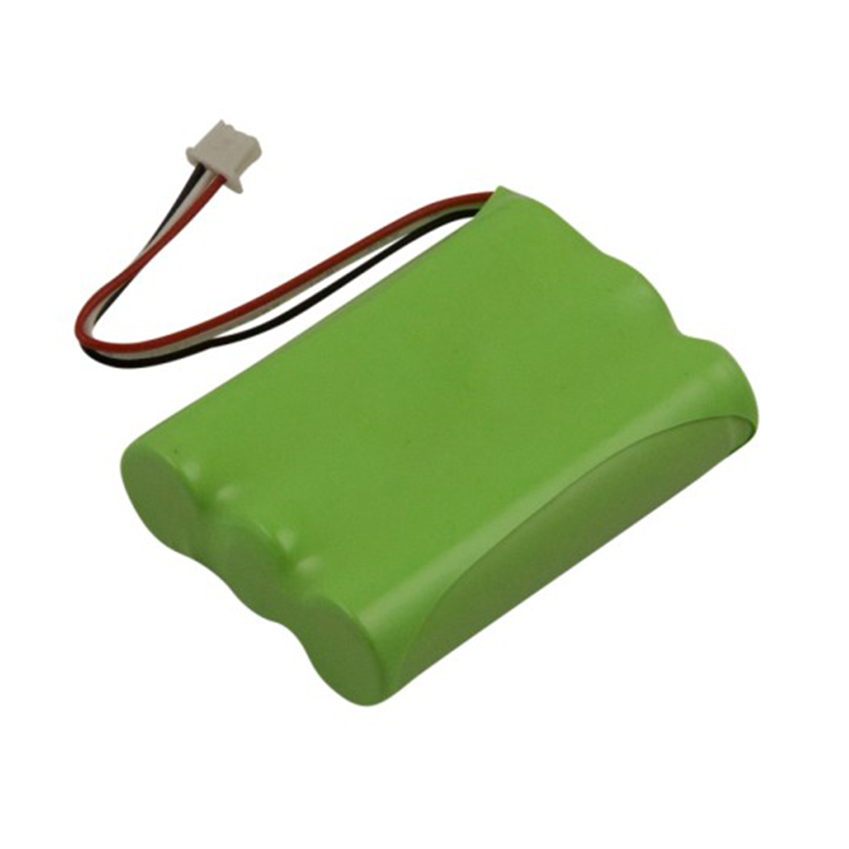 Pacco batteria verde a tre celle con connettore bianco e fili rosso, nero e bianco.