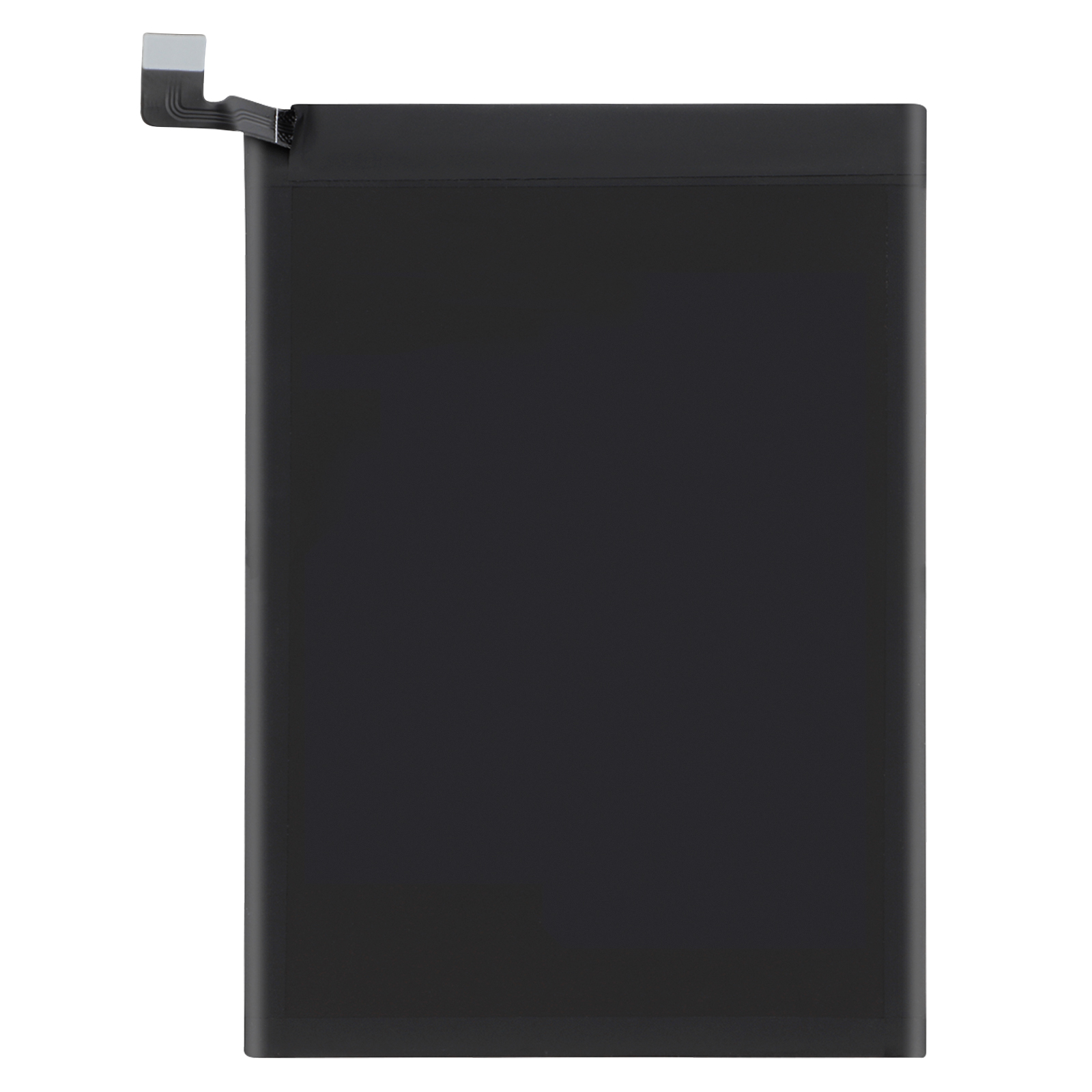 Batteria nera con cavo piatto e connettore bianco.