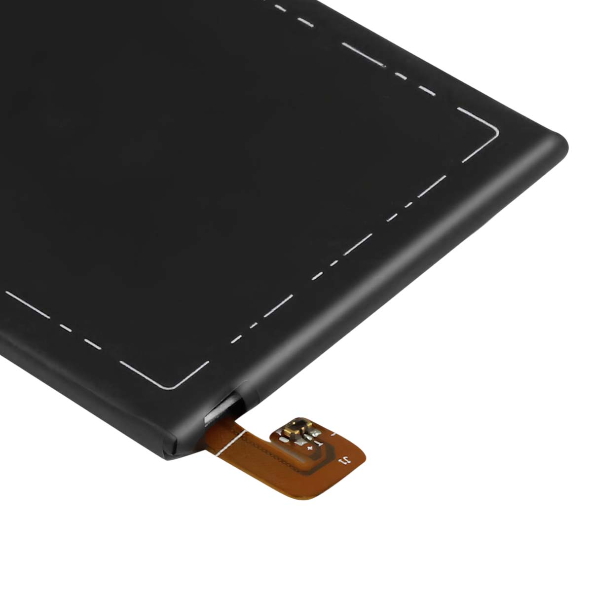 Batteria nera con cavo flessibile e connettori, linee tratteggiate bianche.