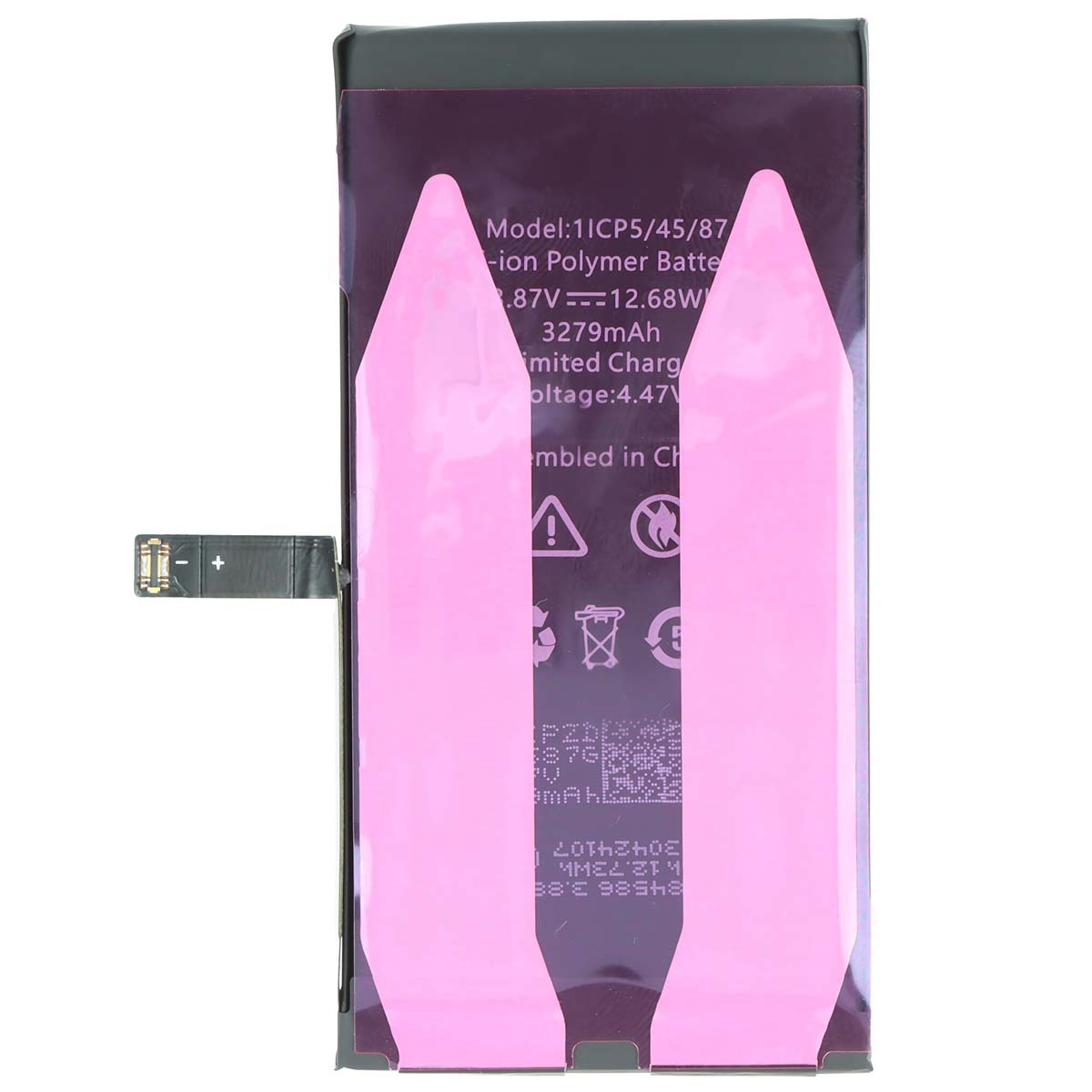 Ein Smartphone-Akku mit rosa Klebeband und schwarzen Markierungen.