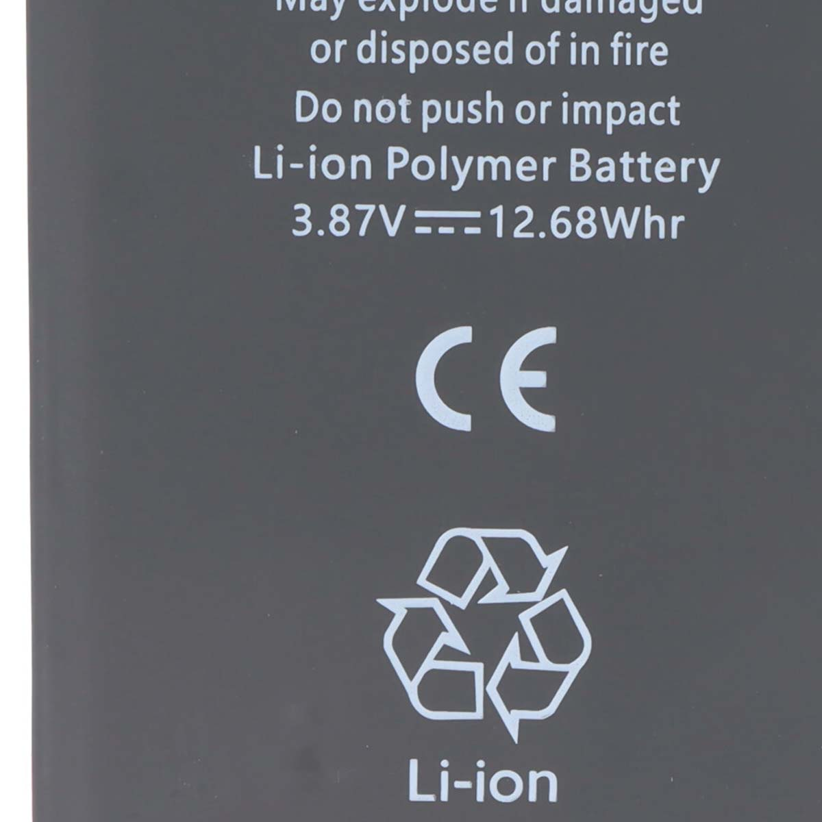 Li-Ion Polymer Akku mit CE-Zeichen und Recycling-Symbol.