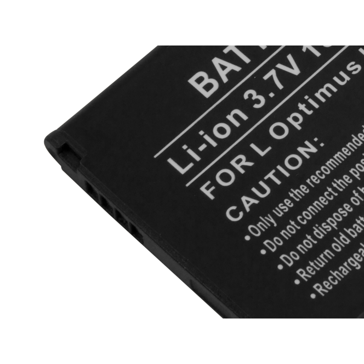 Batteria nera Li-ion con testo bianco: 'BAT', 'Li-ion 3.7V', 'FOR L Optimus'.