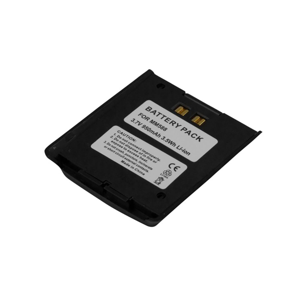 Batería negra para MM588, 3,7V 950mAh Li-ion, con etiquetas de precaución.
