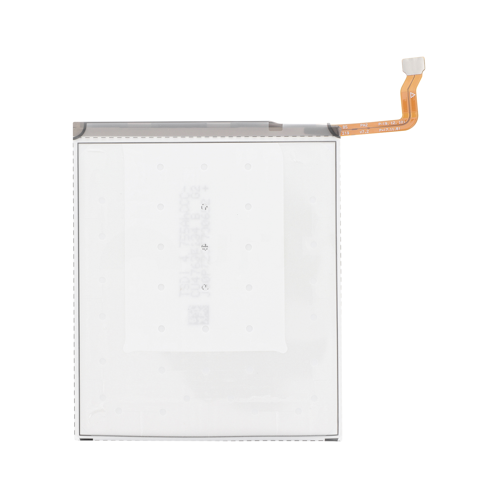 Una batteria bianca con cavo piatto arancione ed etichette di testo.