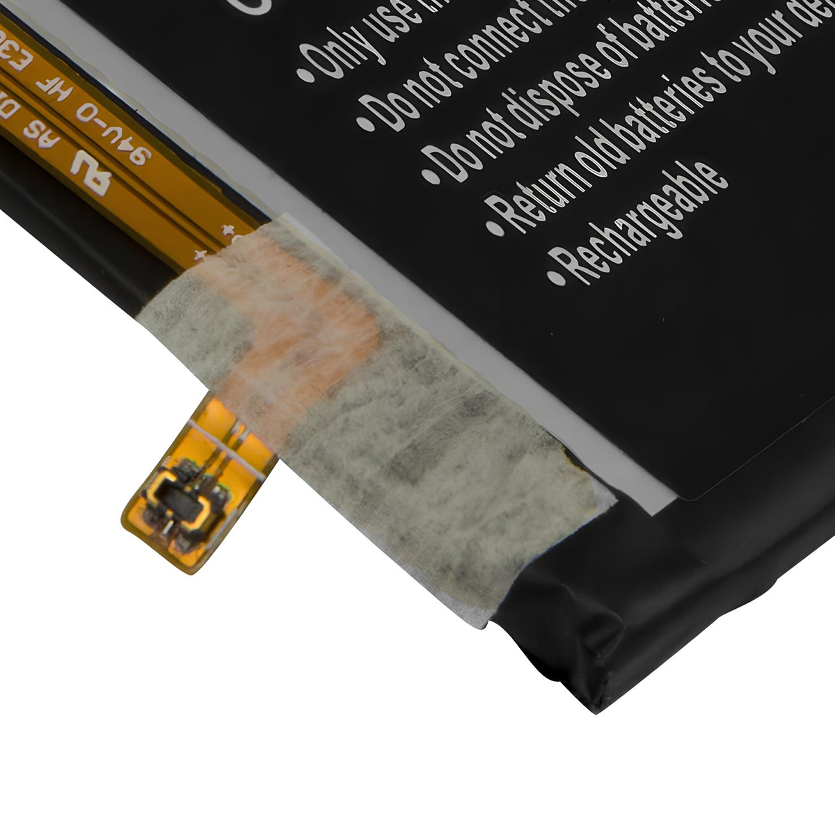 Primer plano de una batería recargable negra con conector dorado y texto de advertencia.