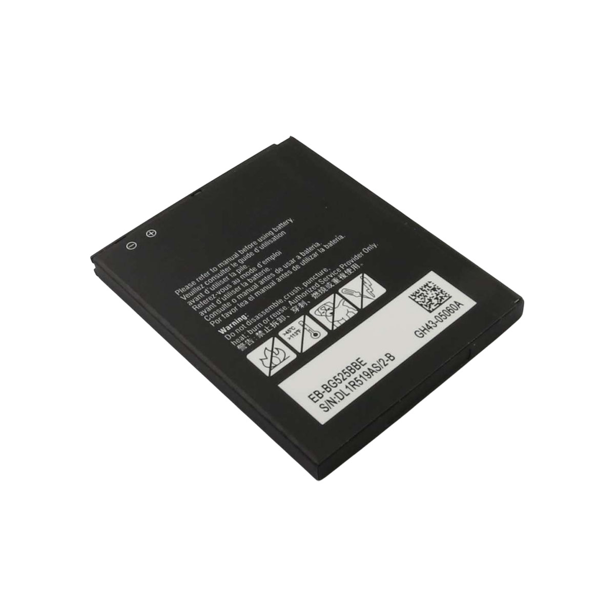 Schwarze Batterie mit Warnsymbolen und Text in mehreren Sprachen.