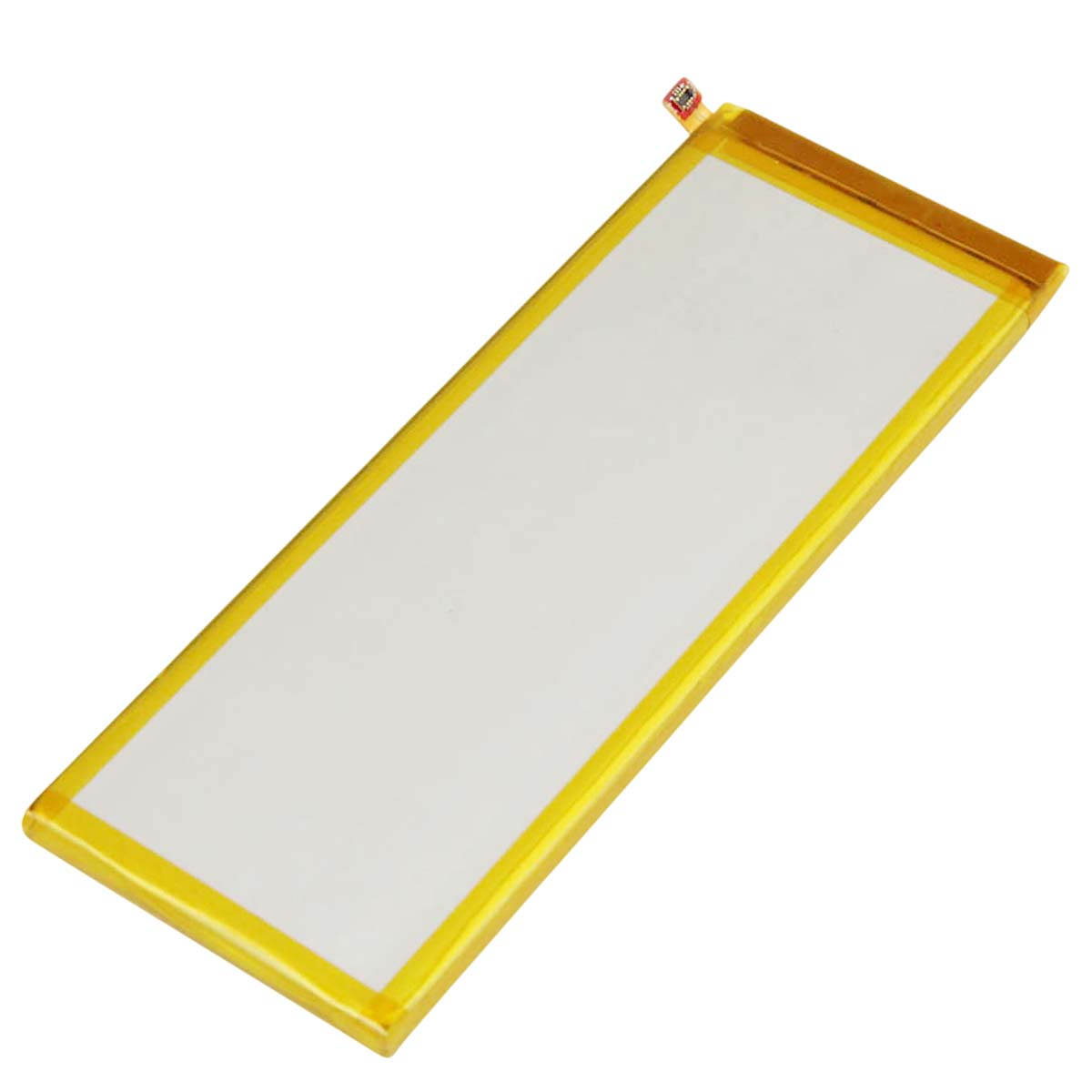 Una batteria piatta e rettangolare con bordo giallo e centro bianco.