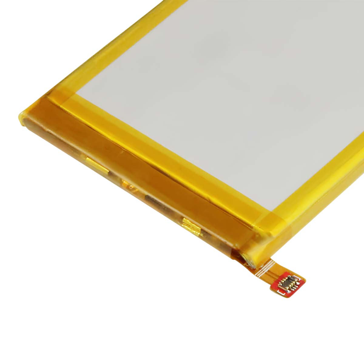 Una batteria sottile e rettangolare con bordi gialli e bianchi e un cavo di collegamento.