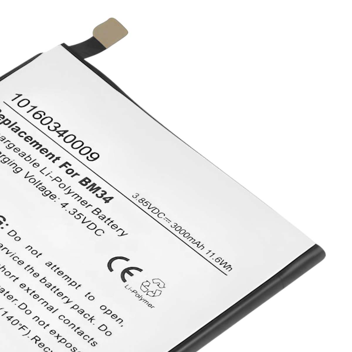Una batteria Li-Polymer bianca per BM34, 3000mAh, 3.85VDC, con marchio CE.