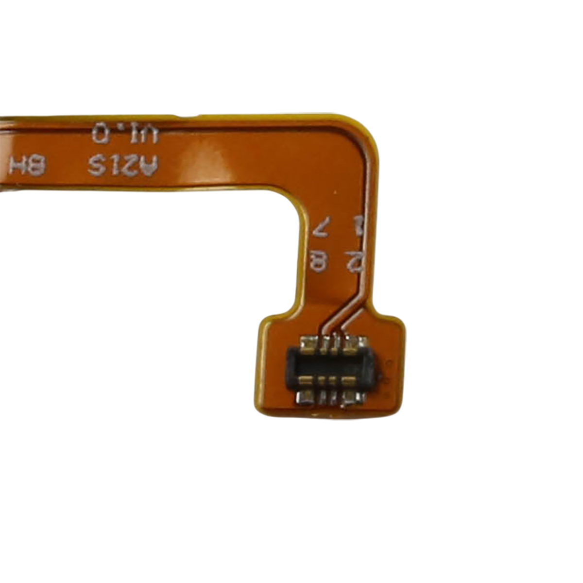 Un cavo flessibile arancione con connettore nero ed etichette.