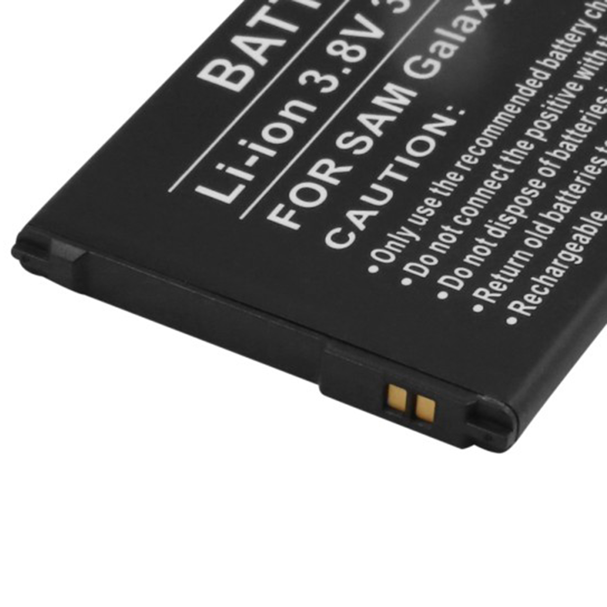Batería negra para Samsung Galaxy con advertencias y especificaciones.