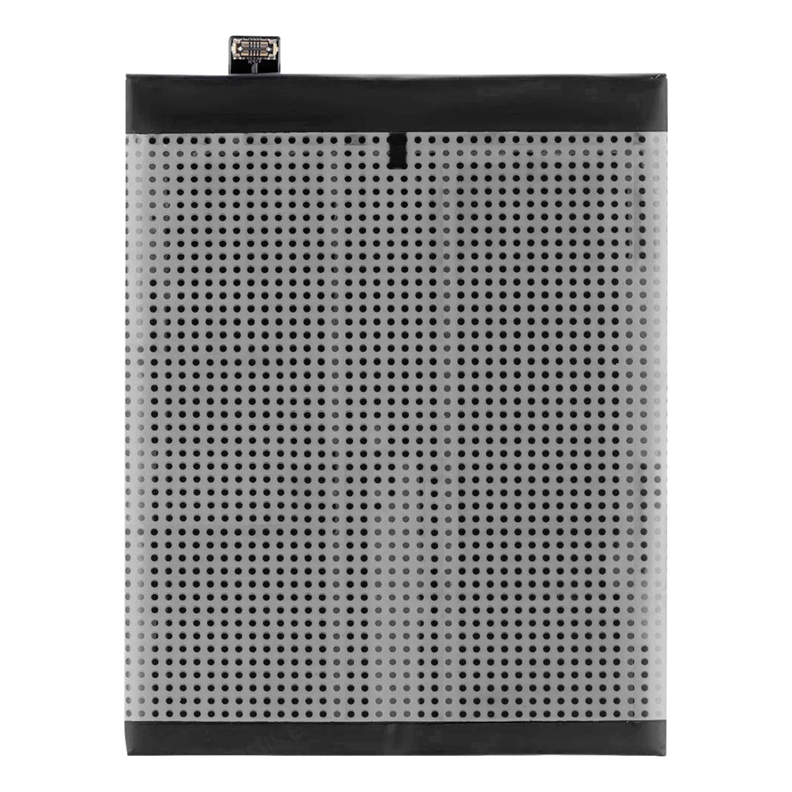 Una batteria rettangolare con custodia grigio chiaro perforata e connettore nero in alto.