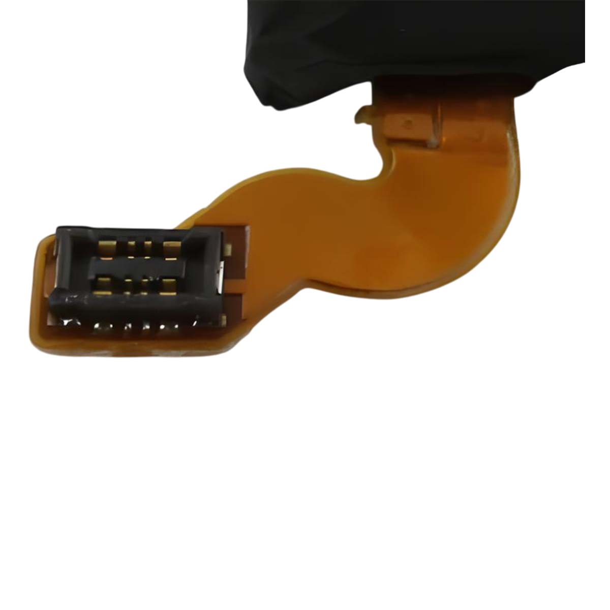 Un cavo piatto arancione con connettore nero su sfondo bianco.