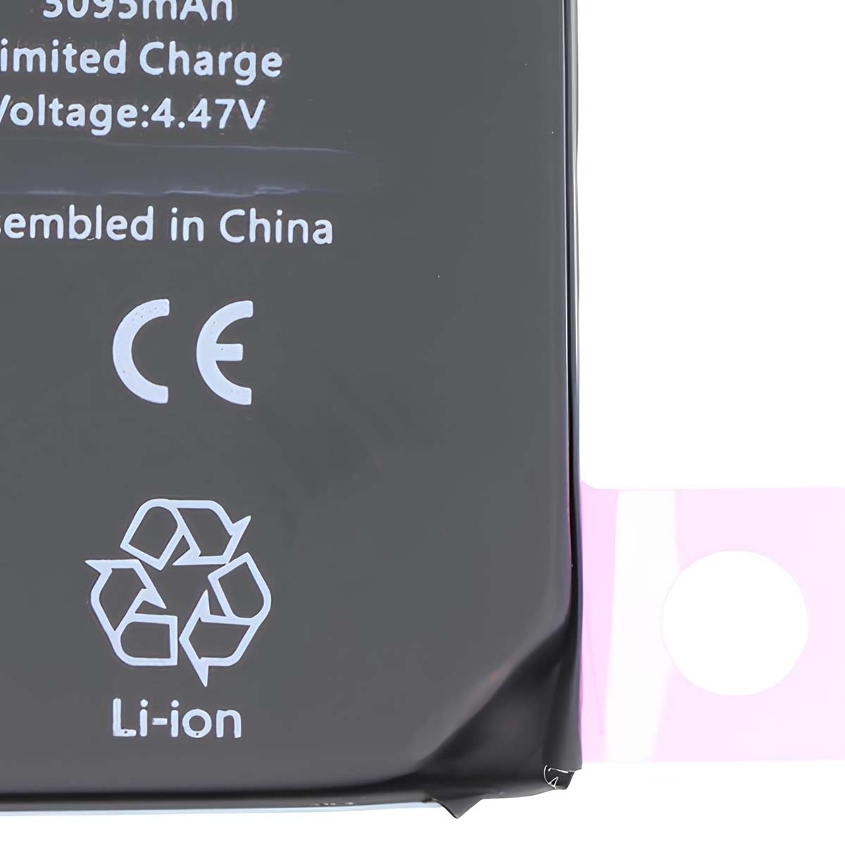 Batteria nera con marchio CE, simbolo di riciclo e "Li-ion".