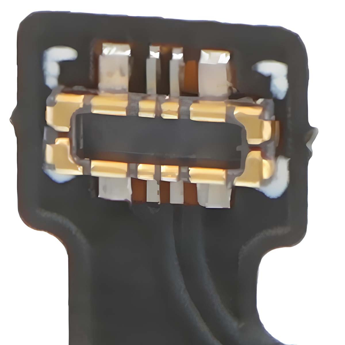 Primo piano di un cavo connettore nero con contatti dorati e argentati.
