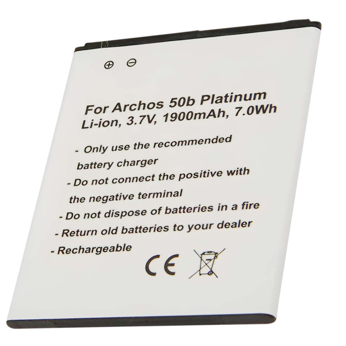Batteria bianca Archos 50b Platinum Li-ion con avvertenze e marchio CE.